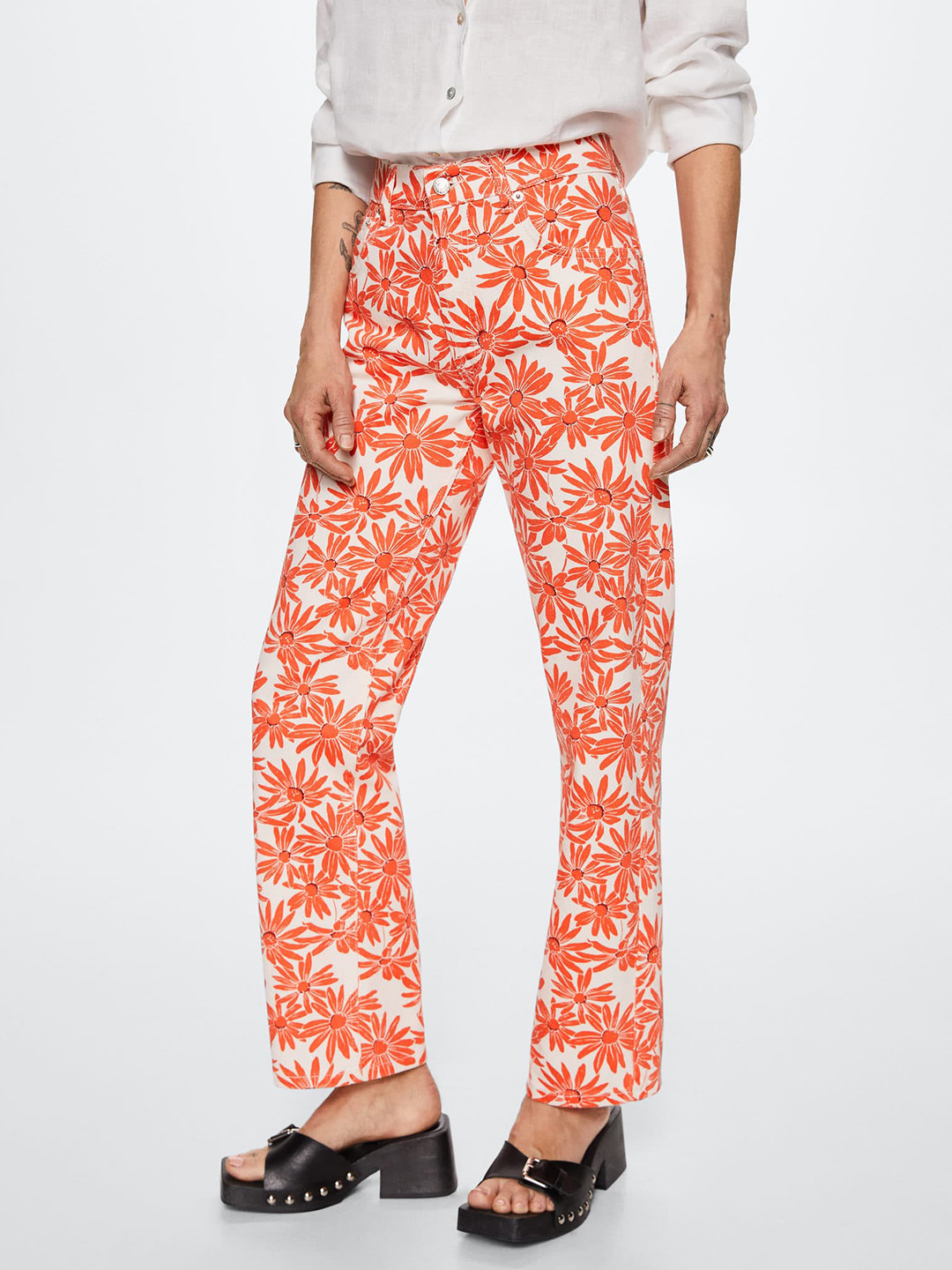 MANGO Women Off White & Rust Orange Pure Cotton Floral Printed Straight Fit Low-Rise Jeans