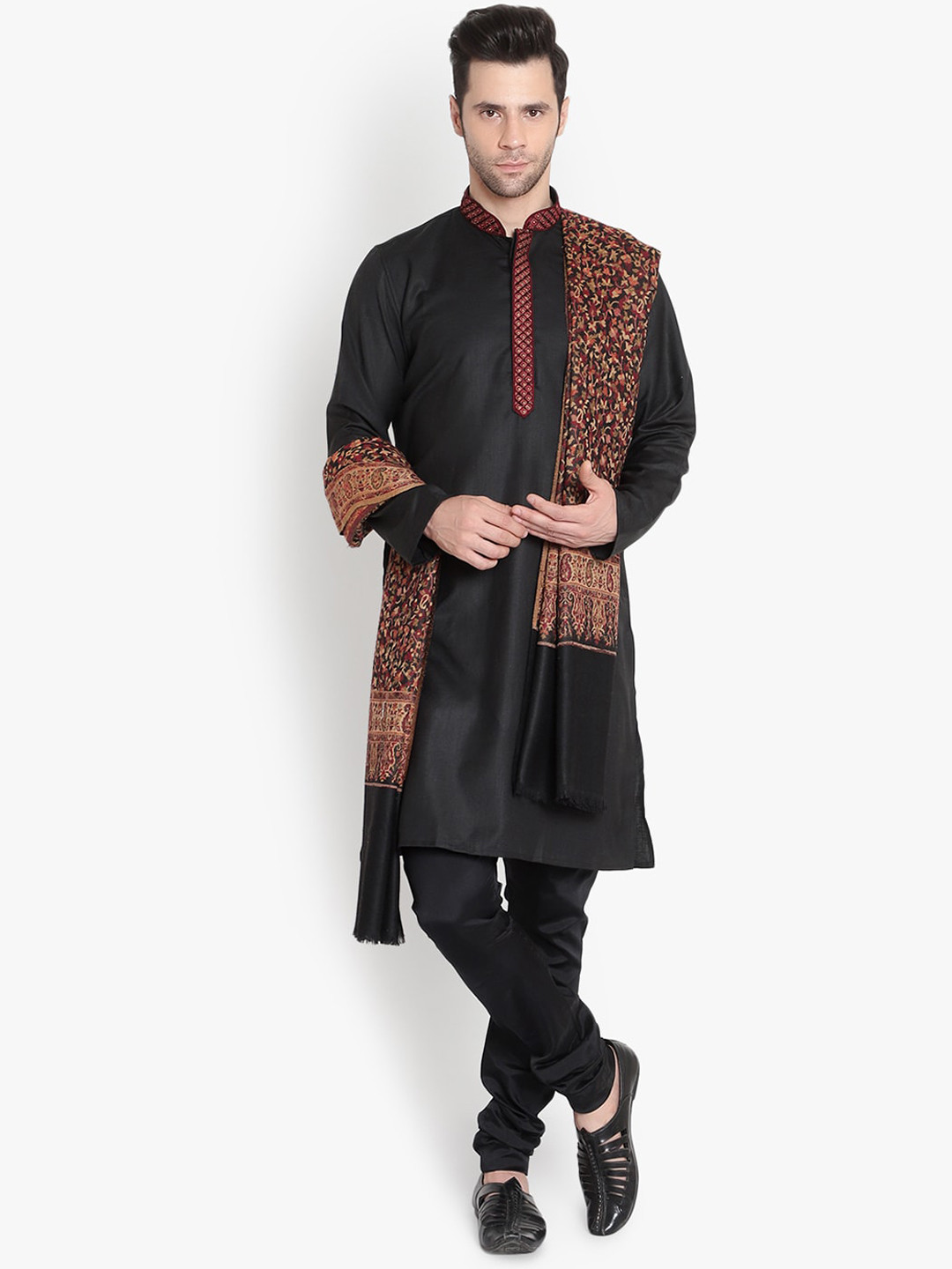 Mizash Men Black Floral Paisley Printed Wool Pasmina Shawl