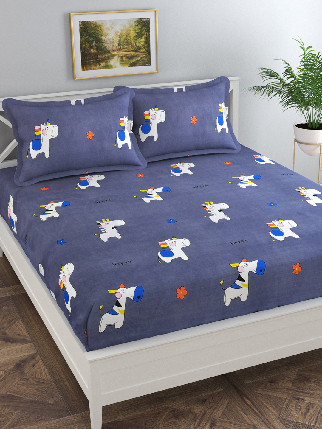 Florida Grey Conversational Polycotton Skin-Friendly 144 TC Queen Bedsheet with 2 Pillow Covers-88 x 93 inches