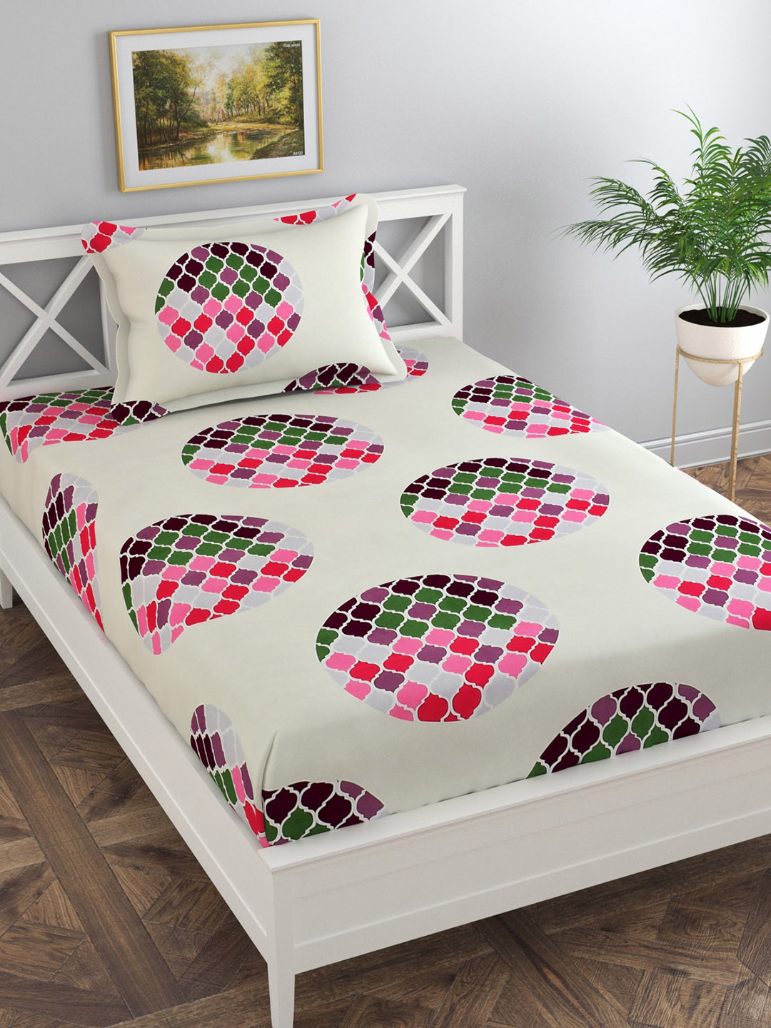Florida Pink Geometric Polycotton 144 TC Single Bedsheet with 2 Pillow Covers-88 x 61 inches