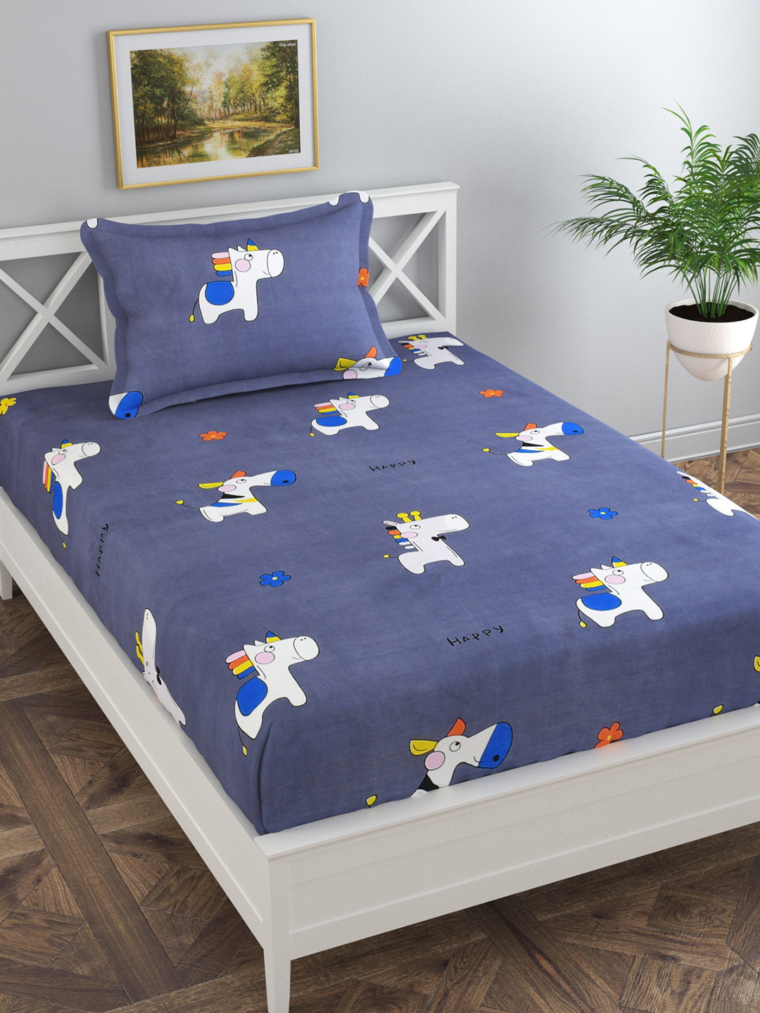 Florida Grey Conversational Polycotton 144 TC Single Bedsheet with 2 Pillow Covers-88 x 61 inches