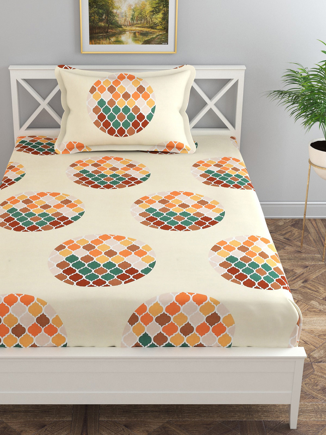 Florida Cream Geometric Polycotton 144 TC Fitted Single Bedsheet with 2 Pillow Covers-88 x 61 inches