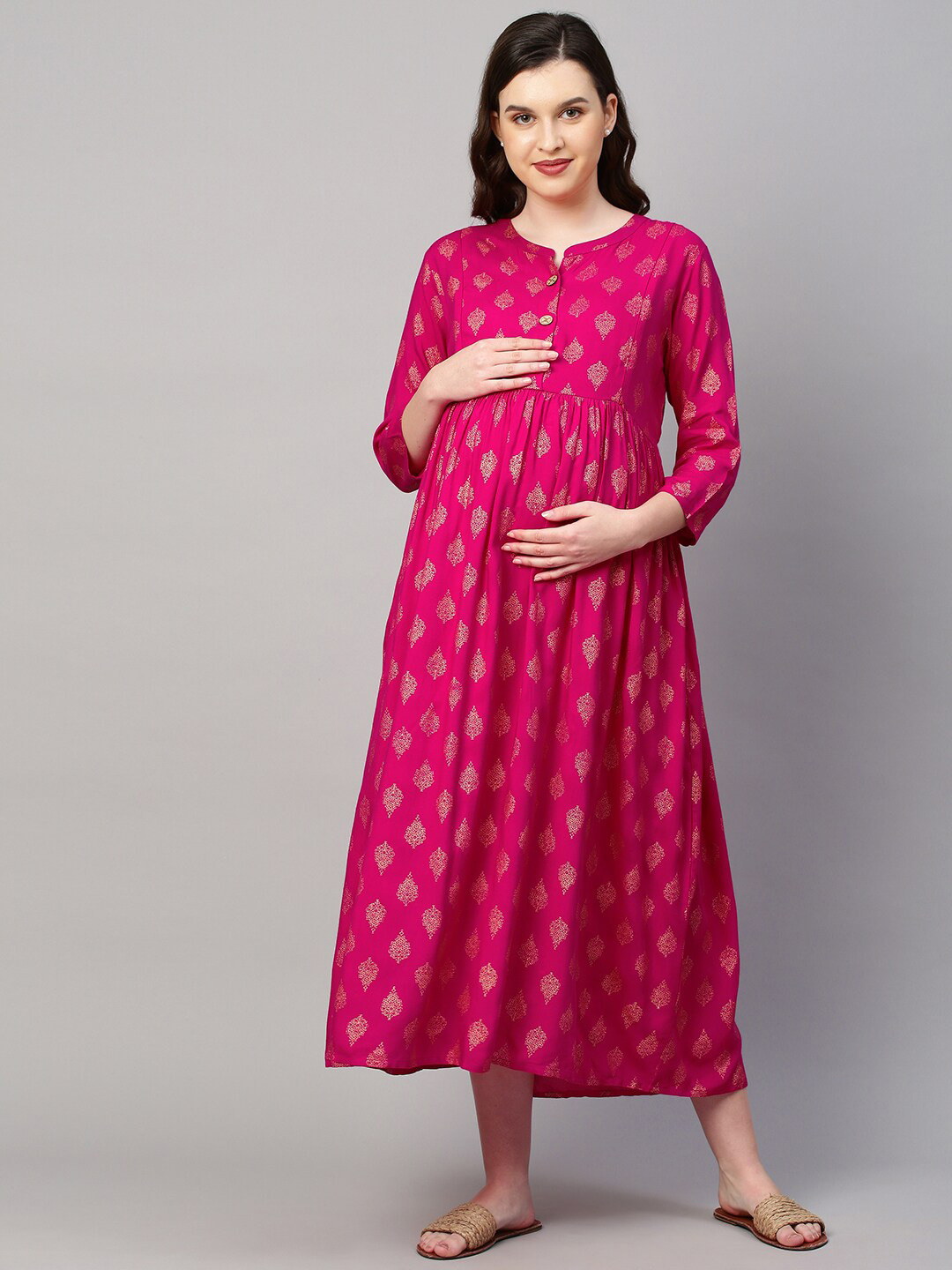 MomToBe Pink Ethnic Motifs Maternity A-Line Midi Nursing   Dress