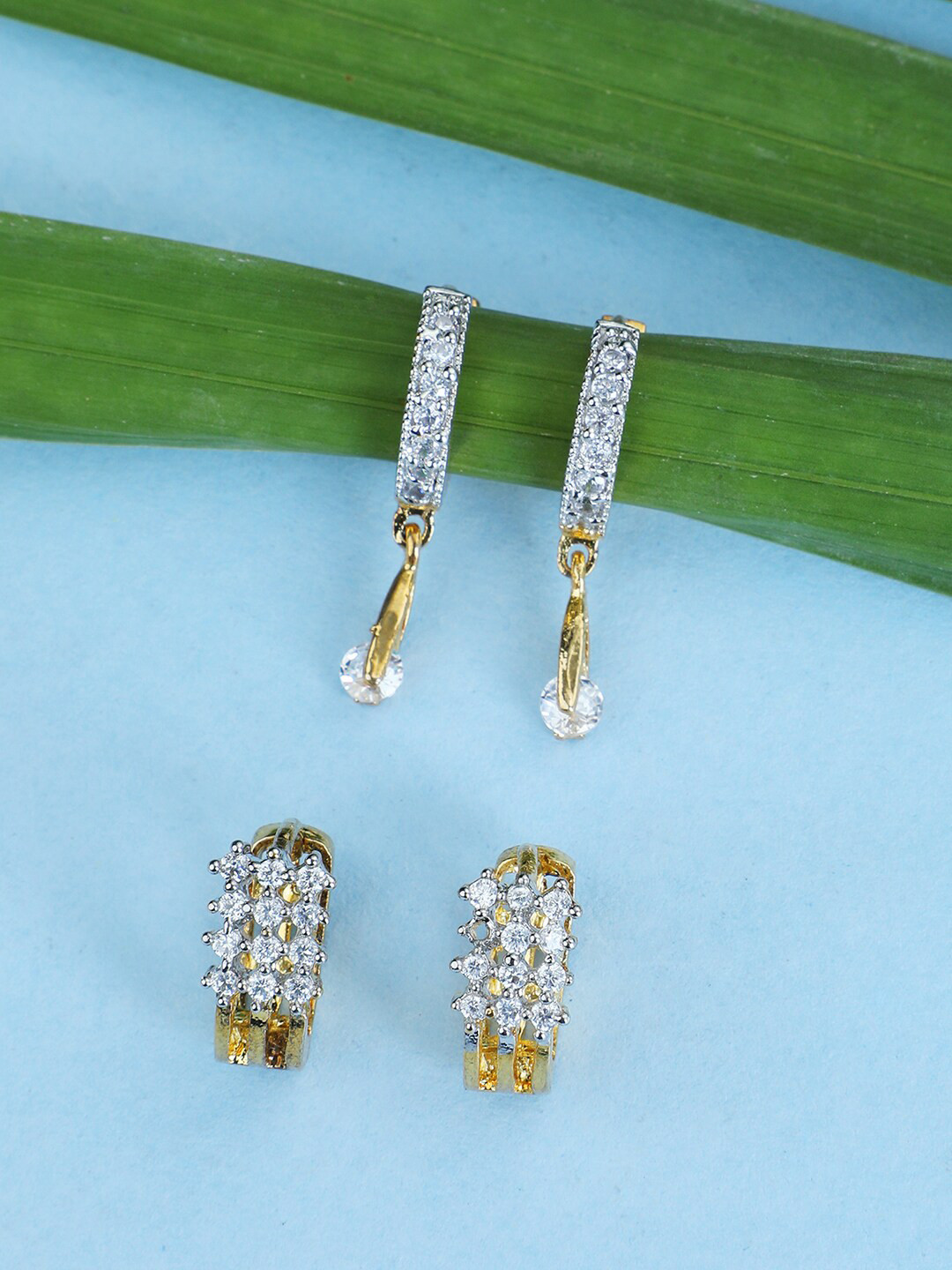 Bhana Fashion Set of 2 White Gold Plated Contemporary Half Hoop Earrings Set of 2