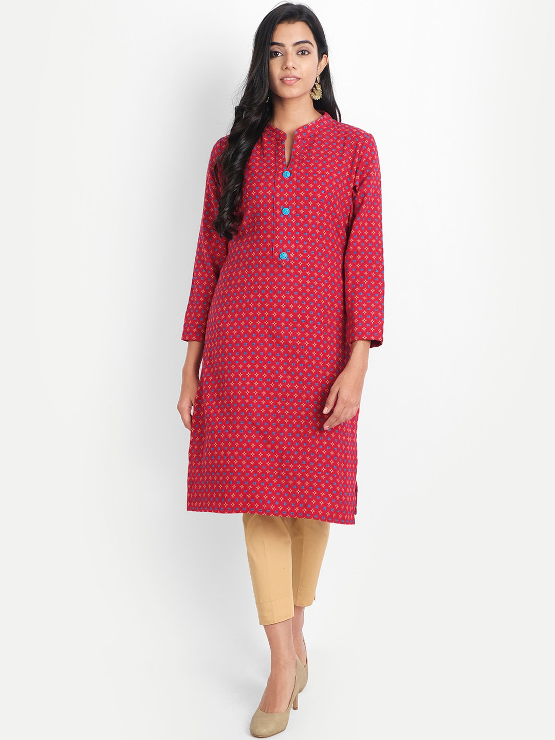 Alavya Women Red Geometric Print Dobby Kurta
