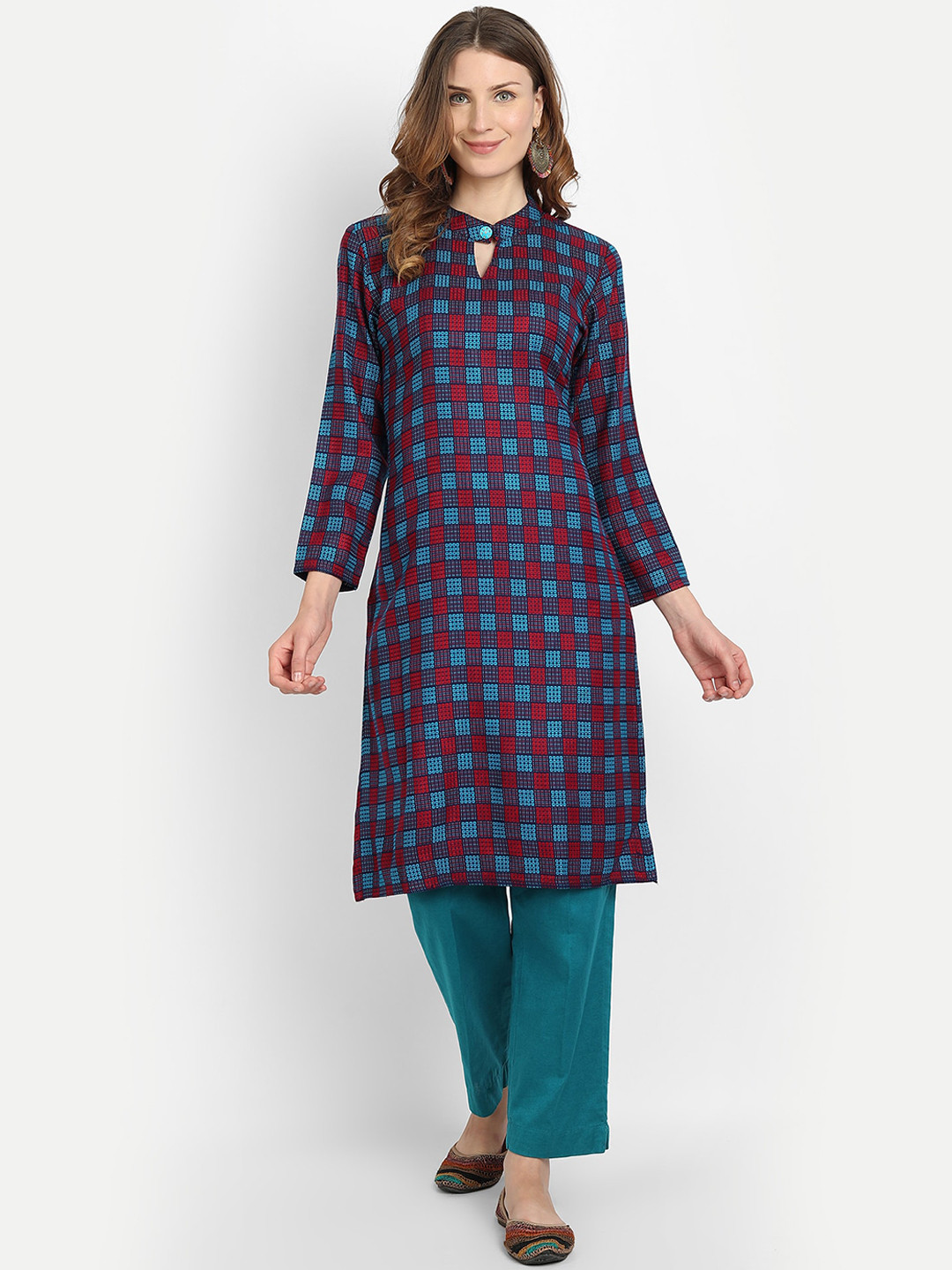 Alavya Women Navy Blue Ethnic Motifs Keyhole Neck Dobby Kurta