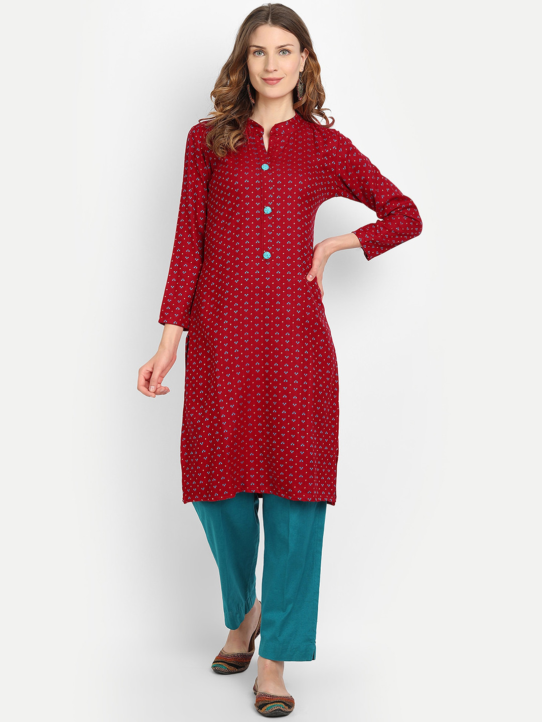 Alavya Women Maroon Geometric Printed Woolen Kurta