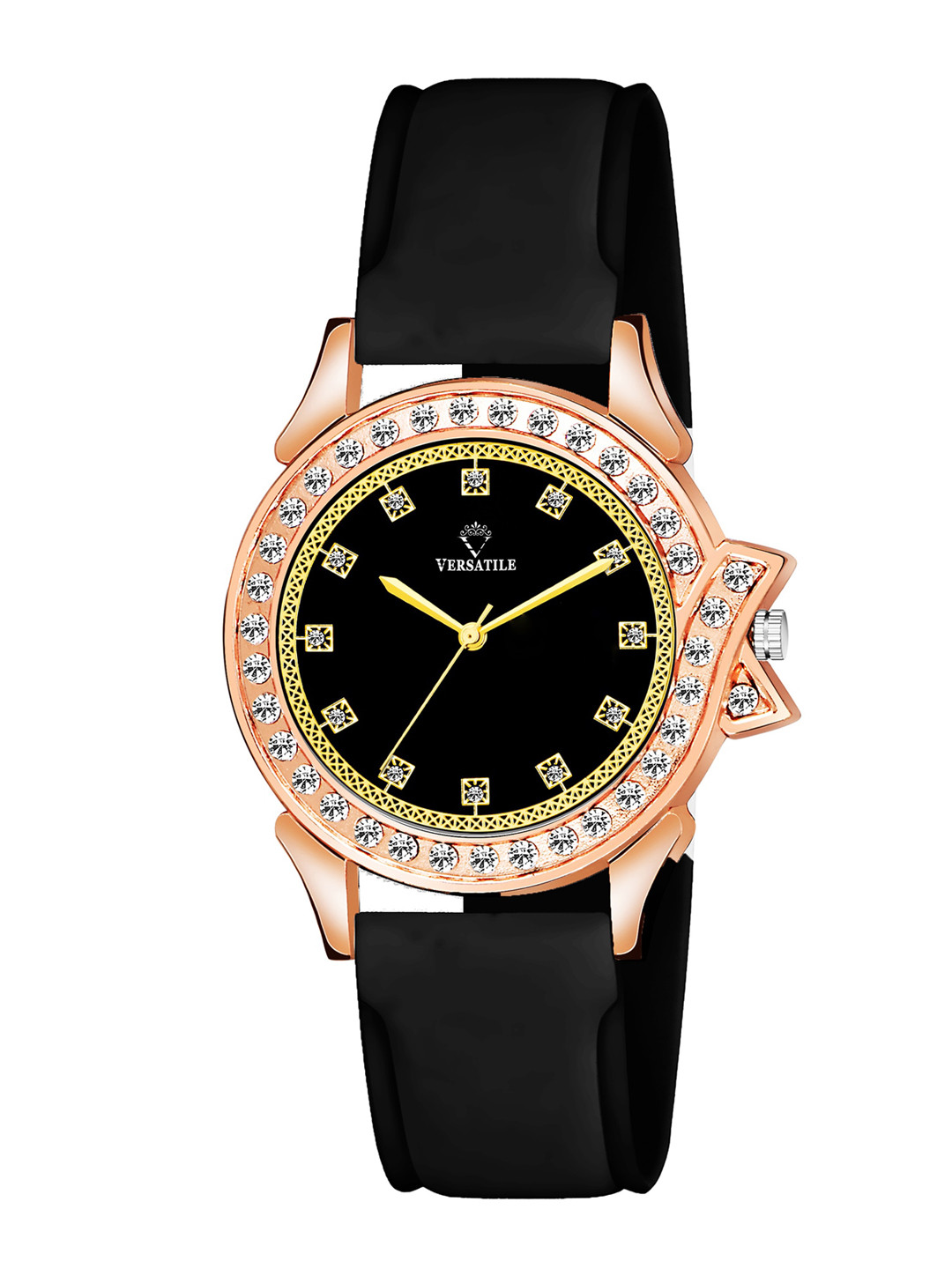 Versatile Women Black Brass Embellished Dial & Black Wrap Around Straps Analogue Watch Black Rover