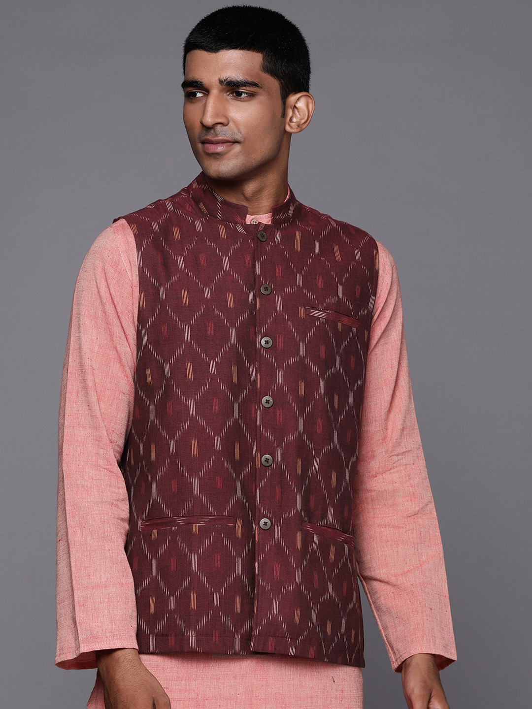 Fabindia Men Maroon & White Woven Design Nehru Jacket