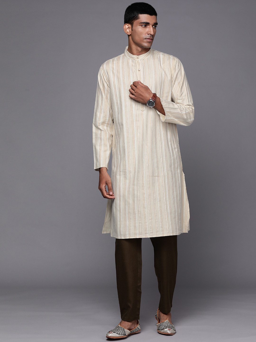 Fabindia Men Beige & Golden Striped Kurta