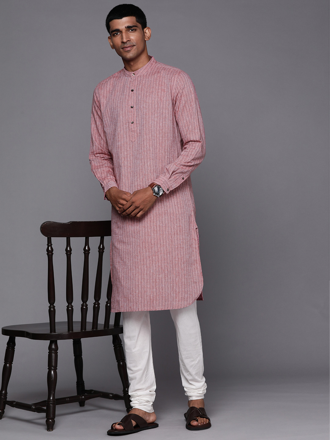 Fabindia Men Pink Cotton Linen Kurta
