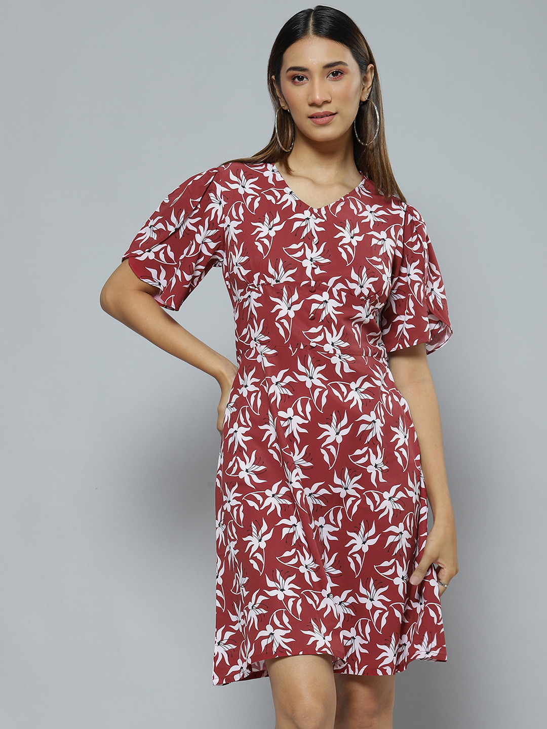 DENNISON Red & White Floral Crepe A-Line Dress