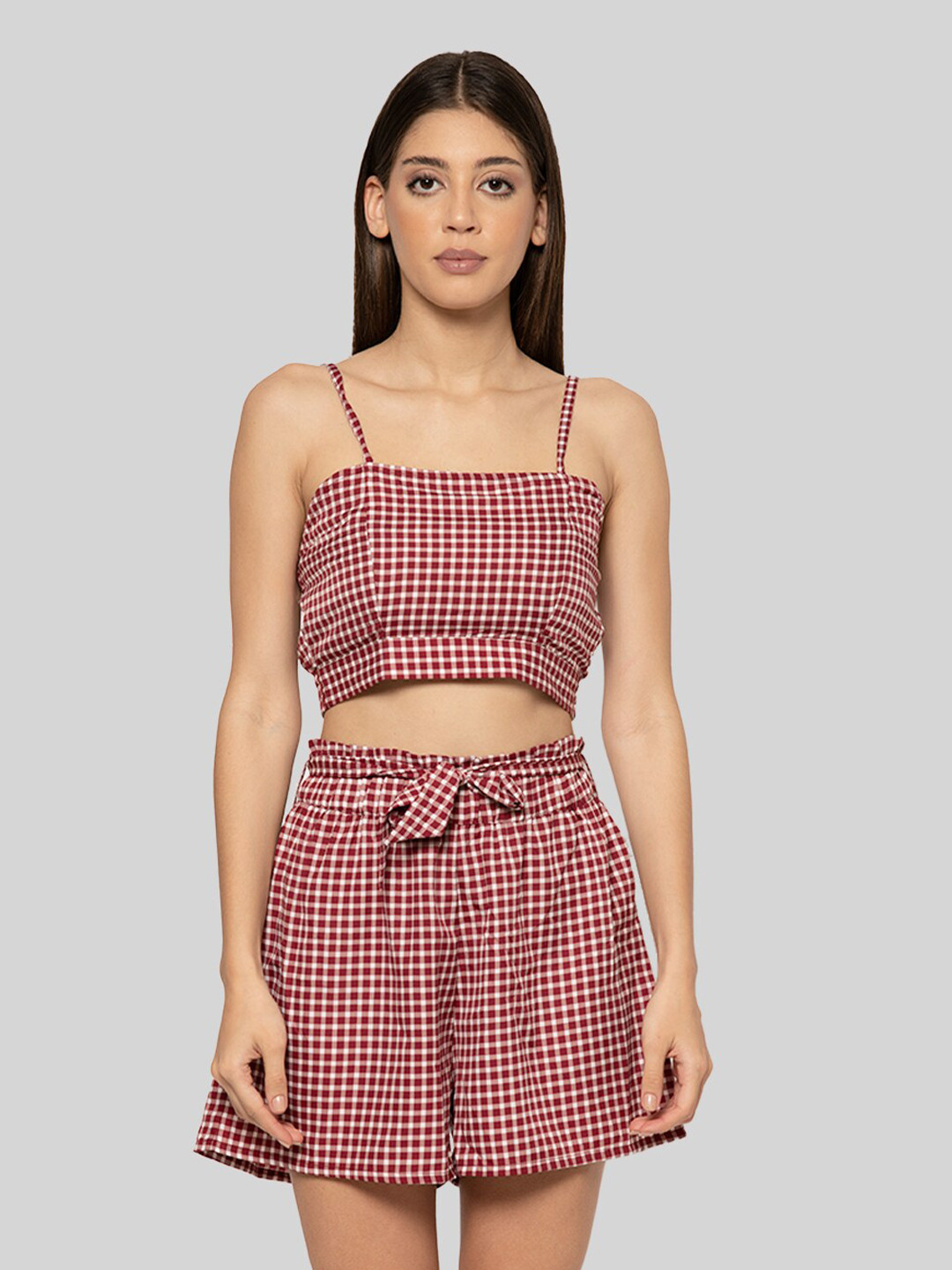 Fuchsia  Maroon Checked Two Piece Dress