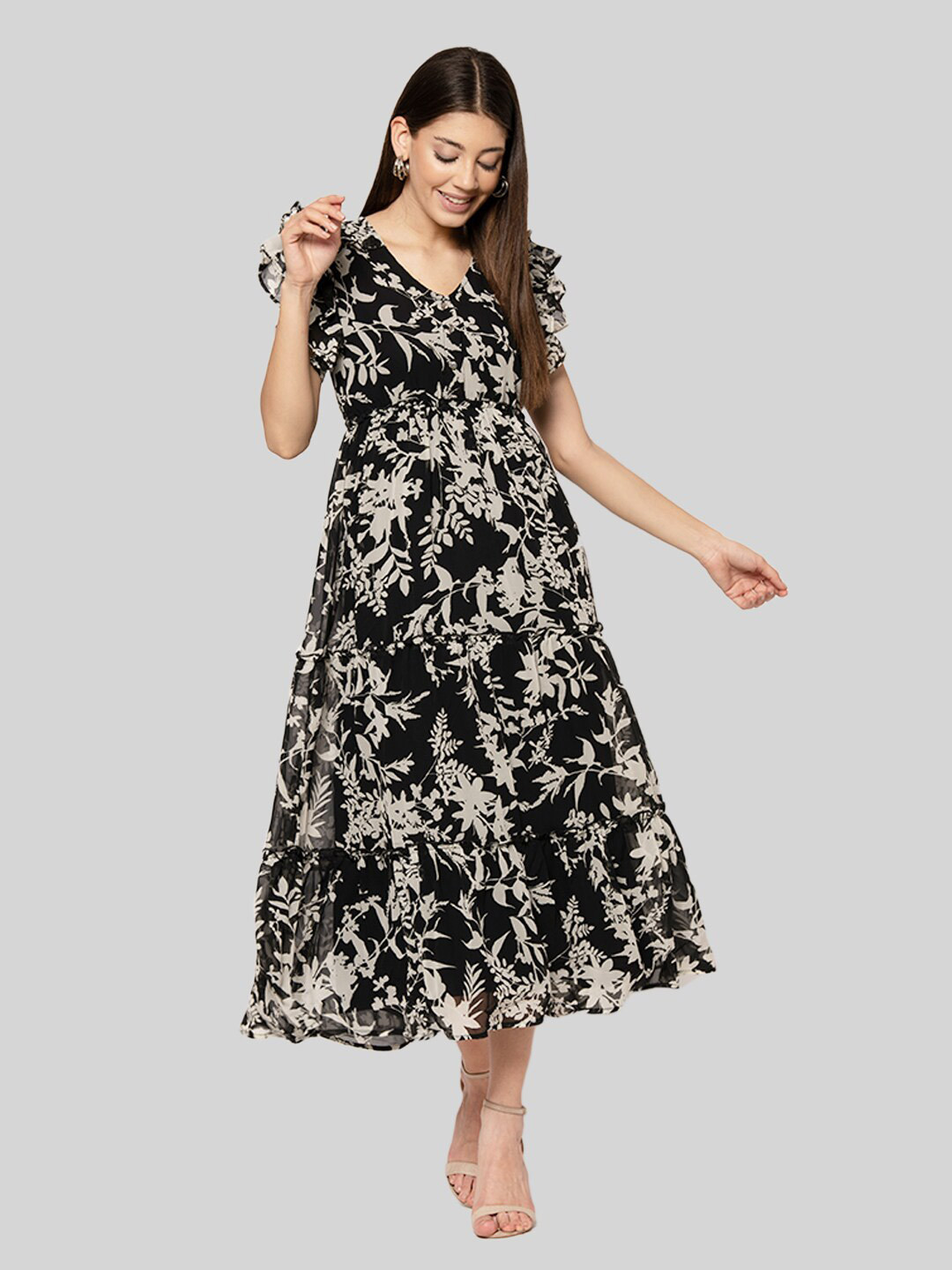 Fuchsia  Black Floral Chiffon Midi Dress