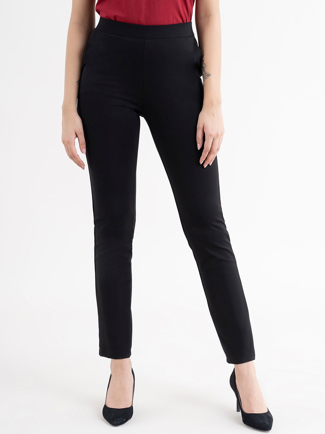FableStreet Women LivIn Air Straight Fit High-Rise Black Trousers