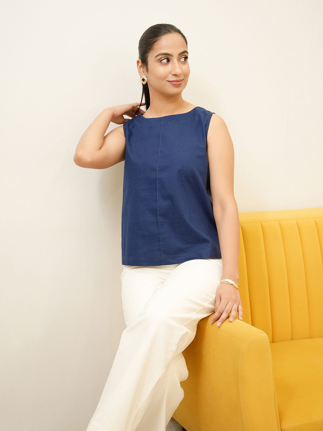 FableStreet Navy Blue Linen Boxy Crop Top