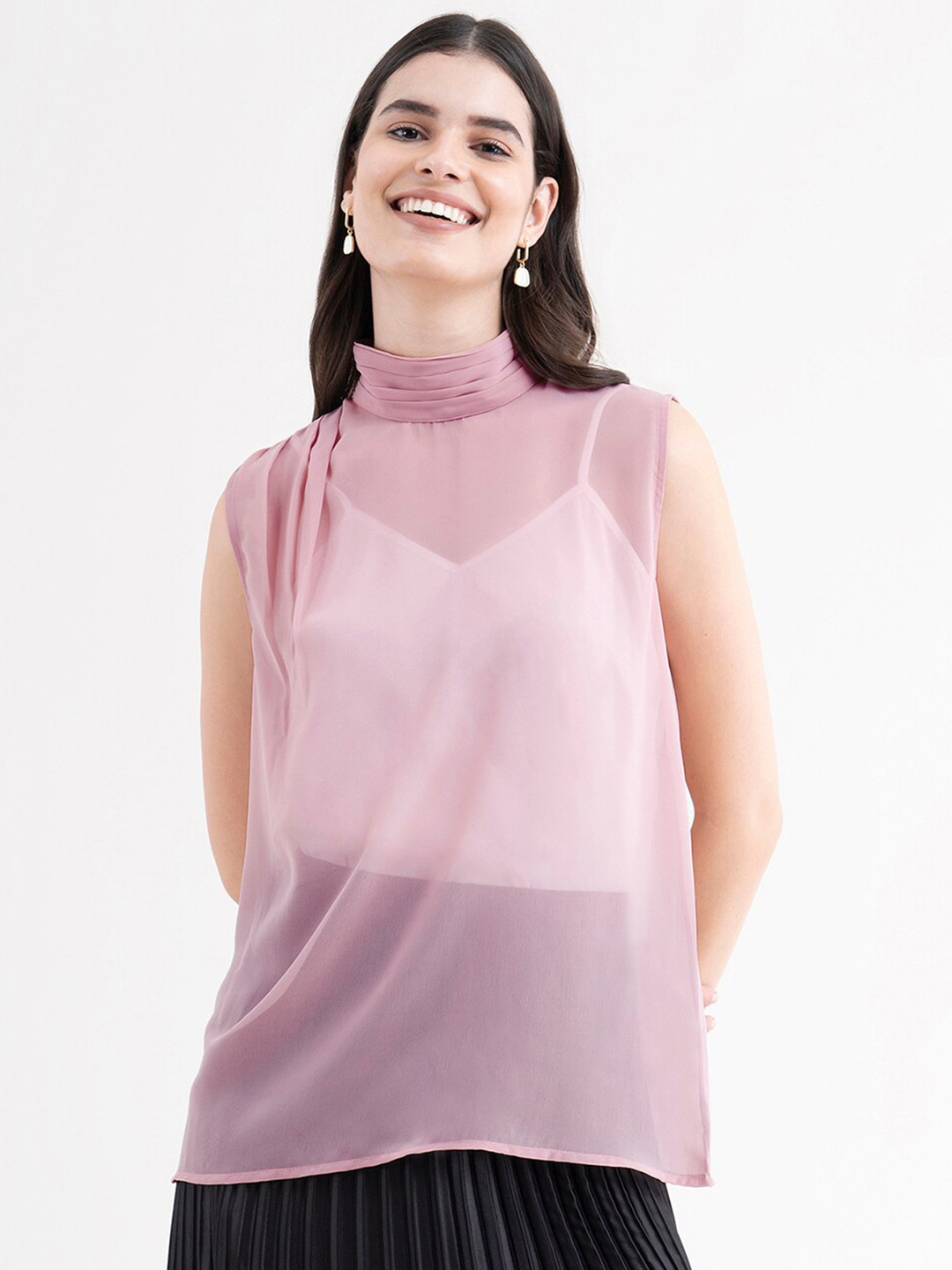 FableStreet Pink High Neck Semi Sheer Georgette Top