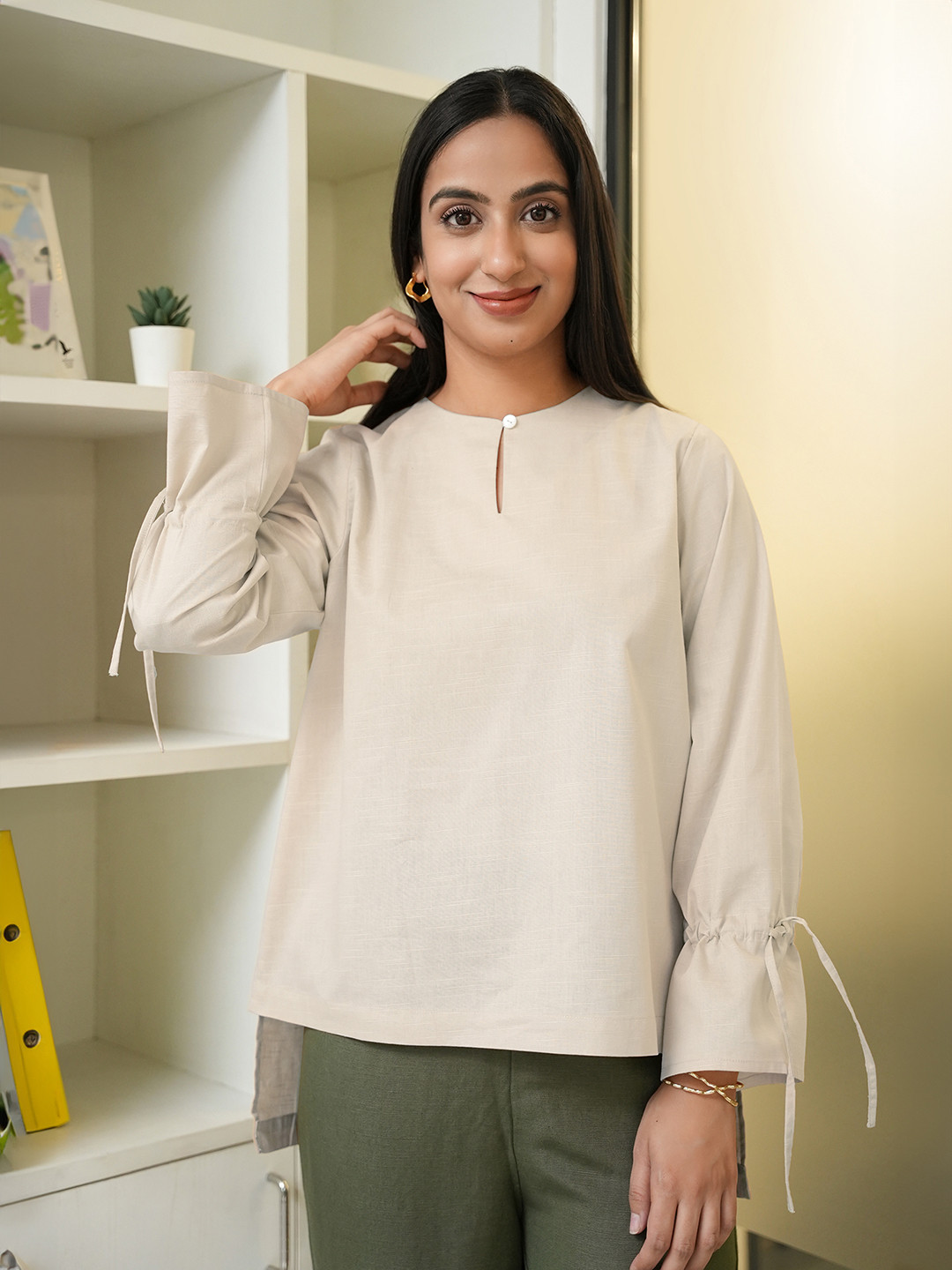 FableStreet Beige Keyhole Neck Cinched Waist Top