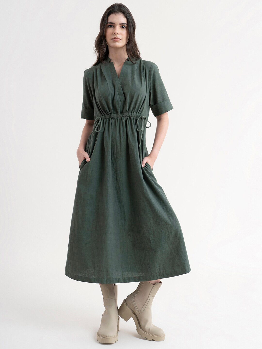 FableStreet Olive Green Linen Formal A-Line Midi Dress