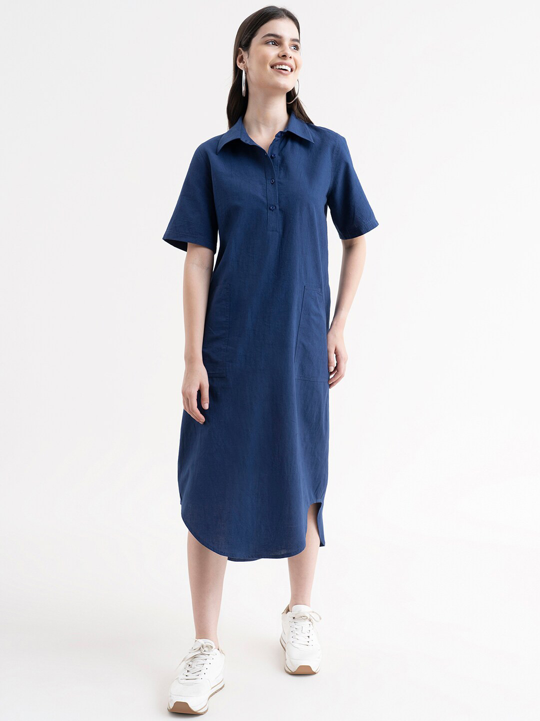 FableStreet Women  Navy Blue Linen Formal Shirt Midi Dress