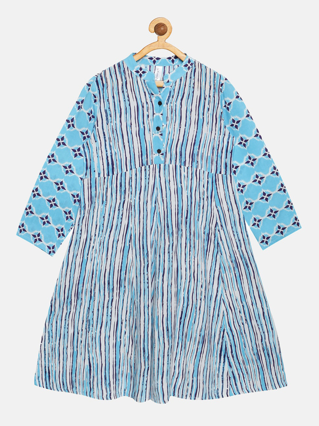 KiddoPanti Kids-Girls Blue Striped Flared Sleeves Kurta