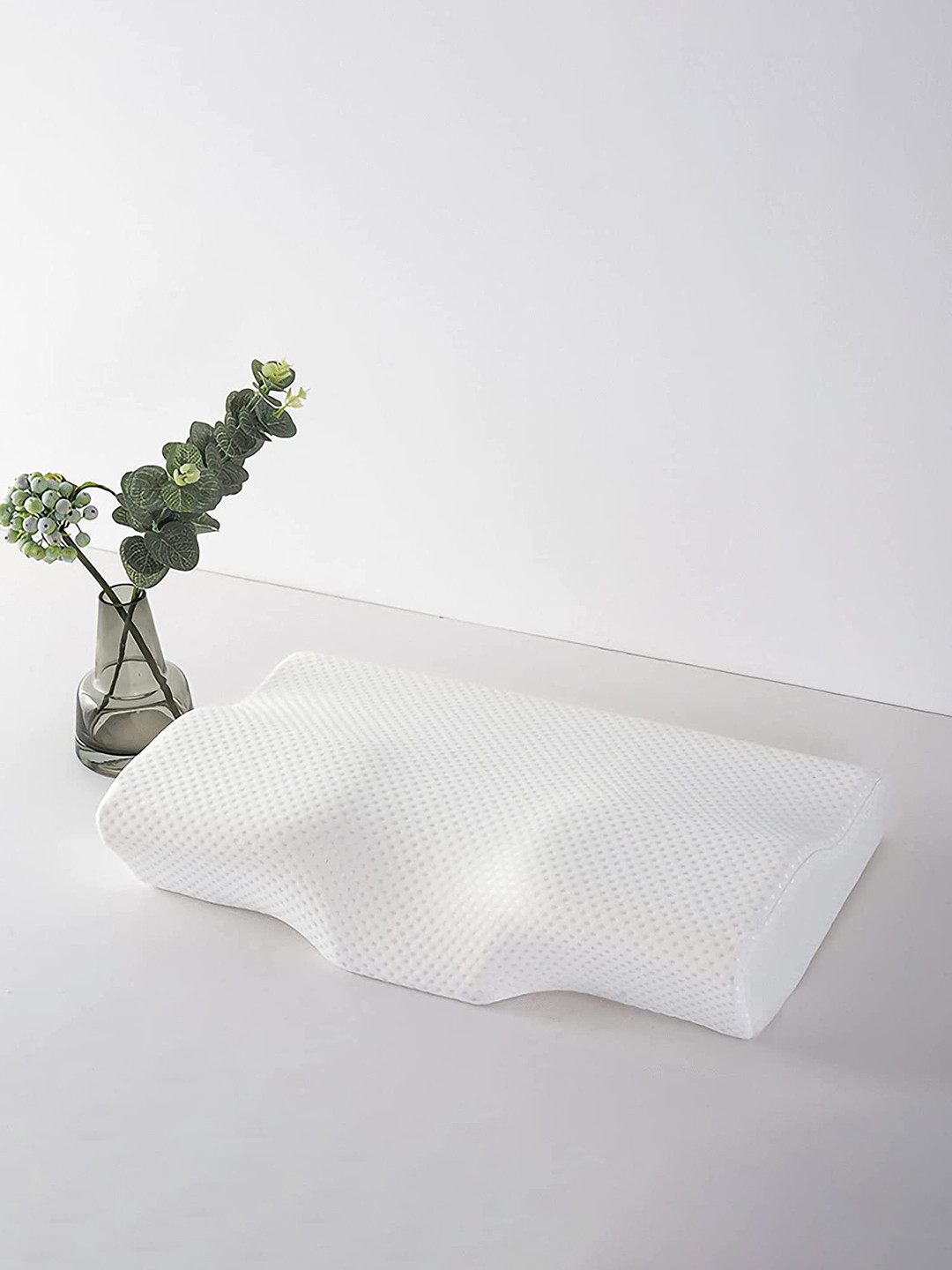 Pum Pum Orthopaedic Cervial Butterfly White Solid Polycotton Medium Memory Foam Therapedic Pillow-5.5 x 14.5 x 23 cm