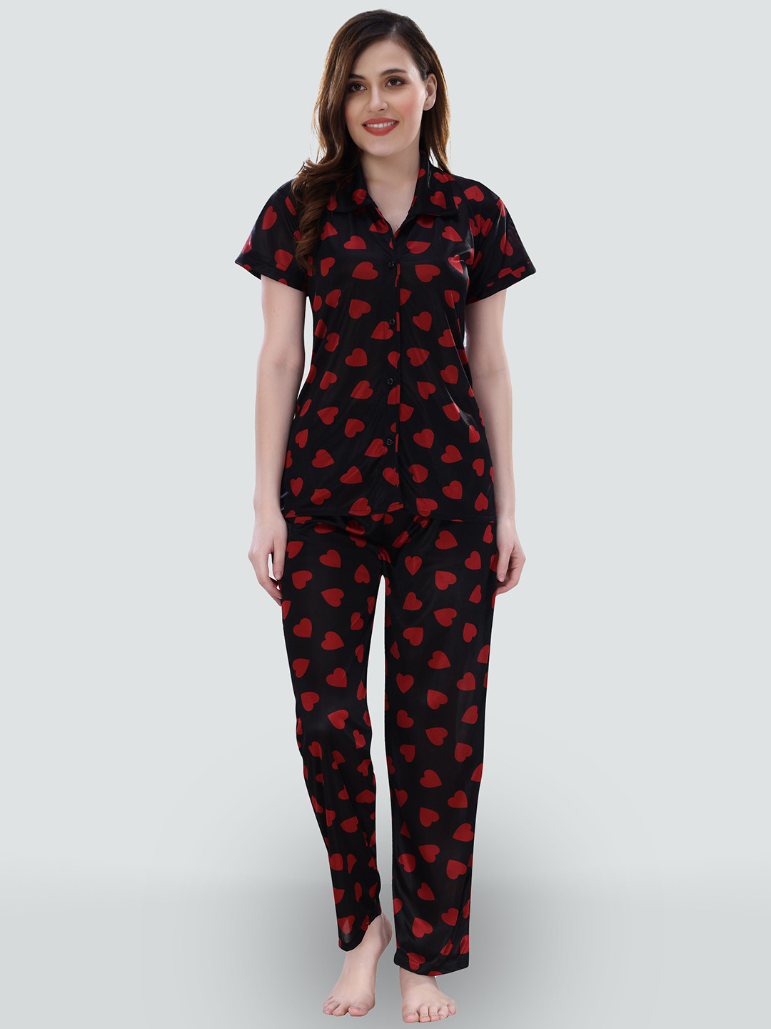 Romaisa Women Black & Red Printed Night suit