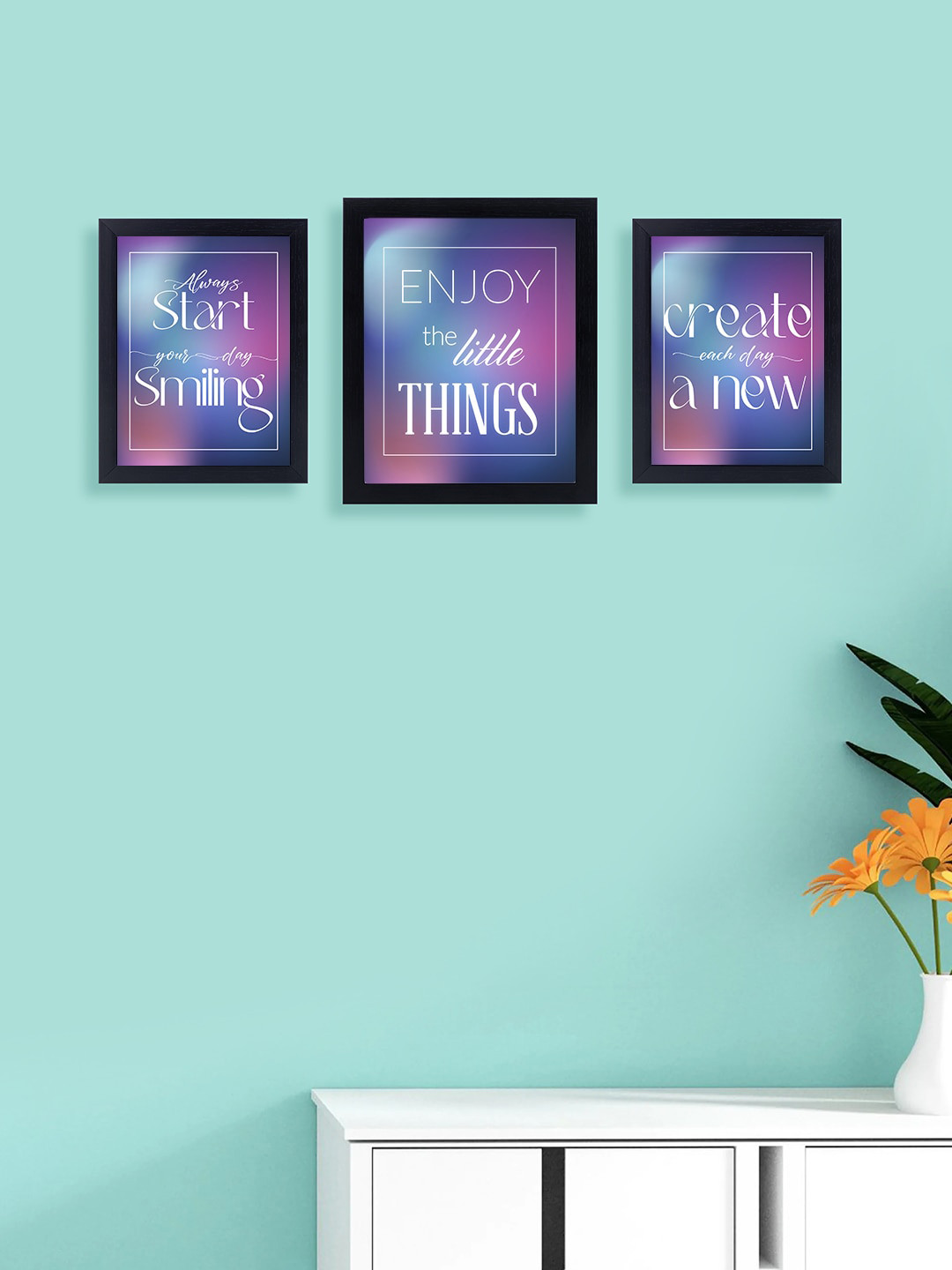 Golden Peacock Set of 3 Black & Purple Printed Photo Frames