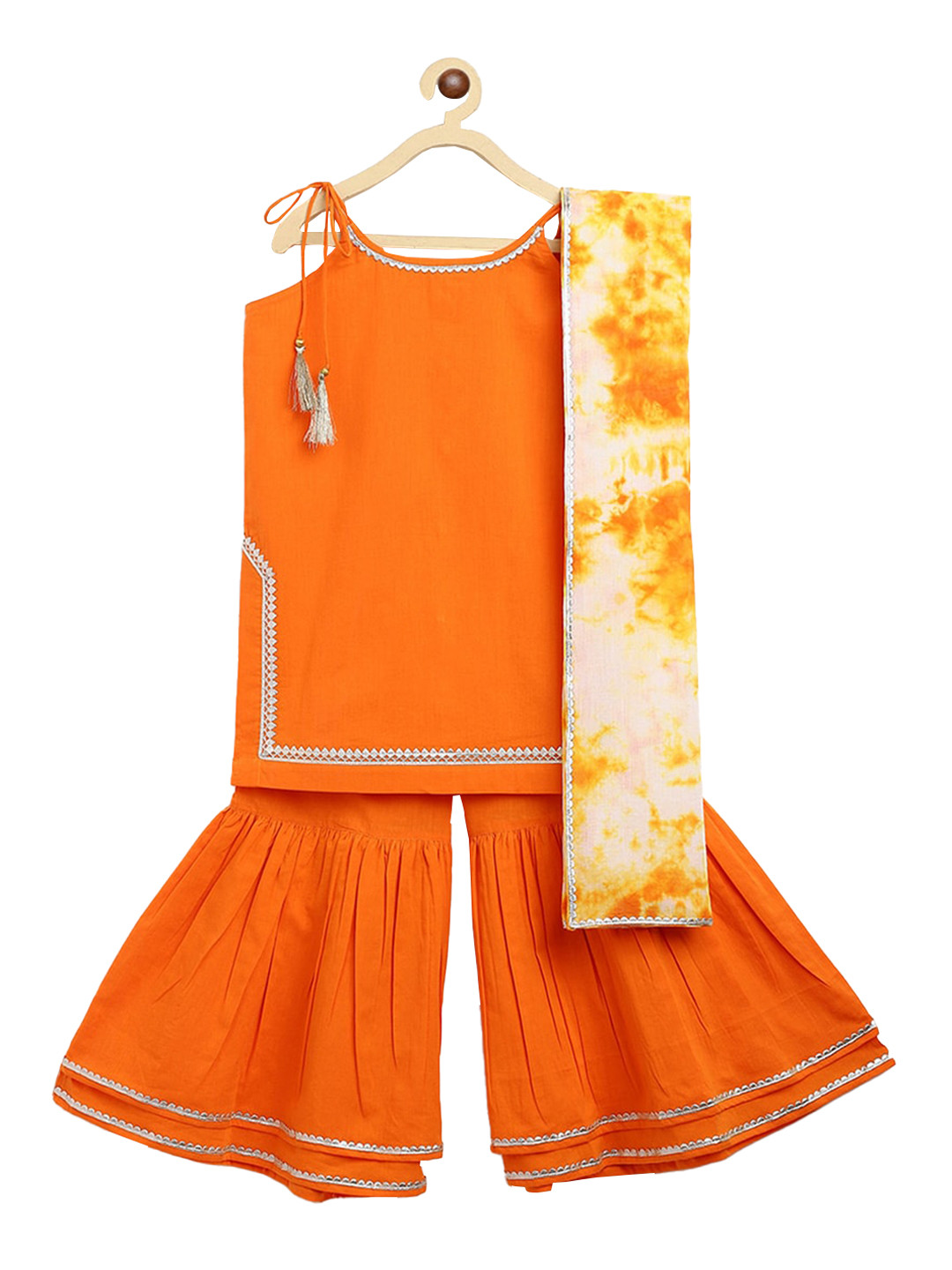 Tiber Taber Girls Orange Empire Pure Cotton Kurti with Sharara & With Dupatta