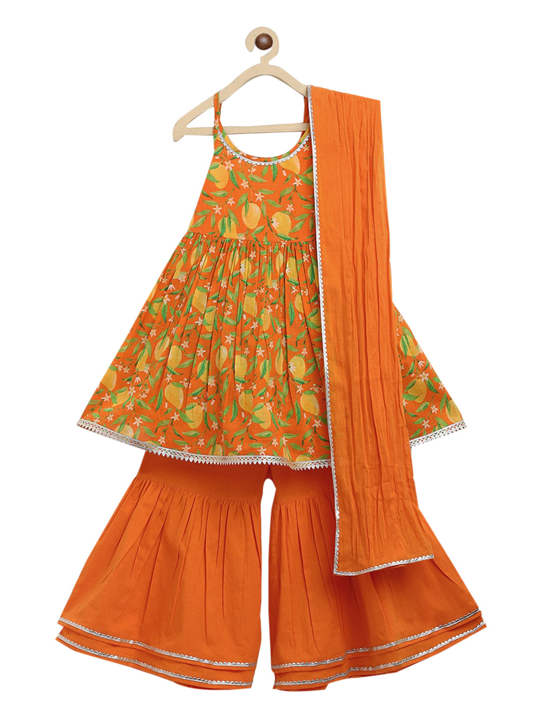 Tiber Taber Girls Orange Printed Pleated Pure Cotton Kurti with Skirt & With Dupatta