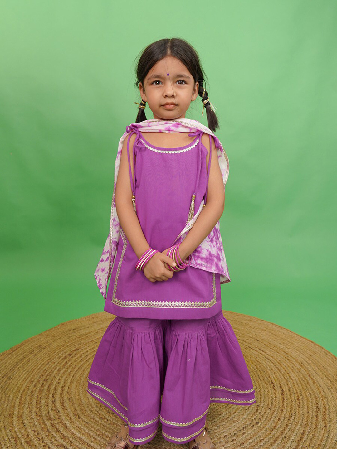 Tiber Taber Girls Purple Floral Yoke Design Pure Cotton Kurti with Sharara & With Dupatta