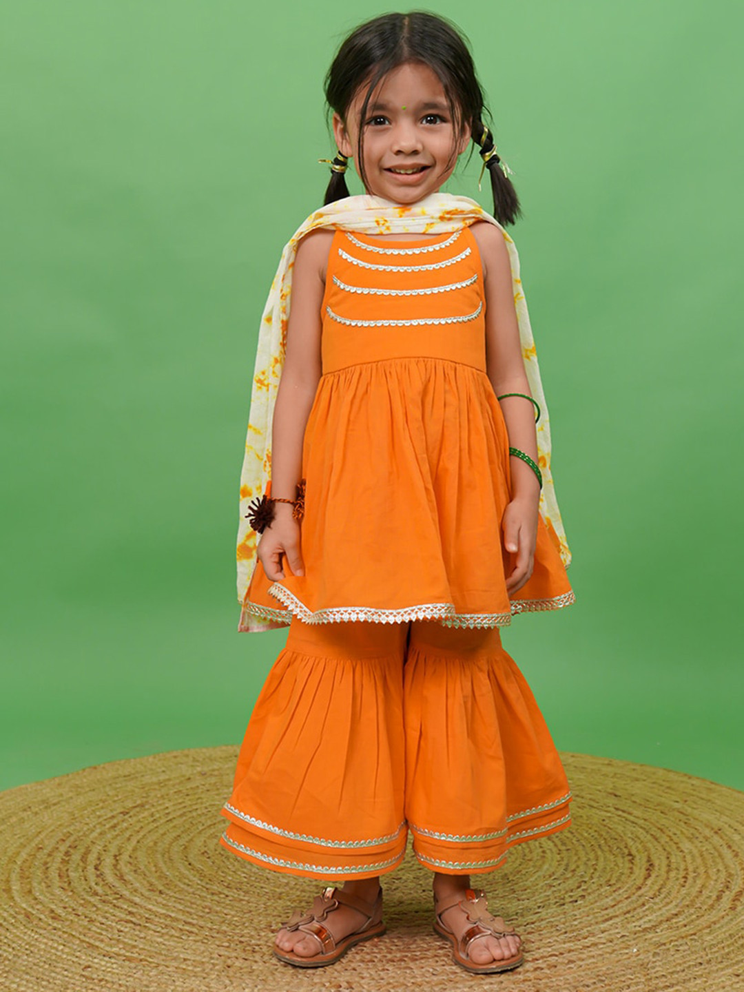 Tiber Taber Girls Orange Empire Gotta Patti Pure Cotton Kurti with Sharara & With Dupatta