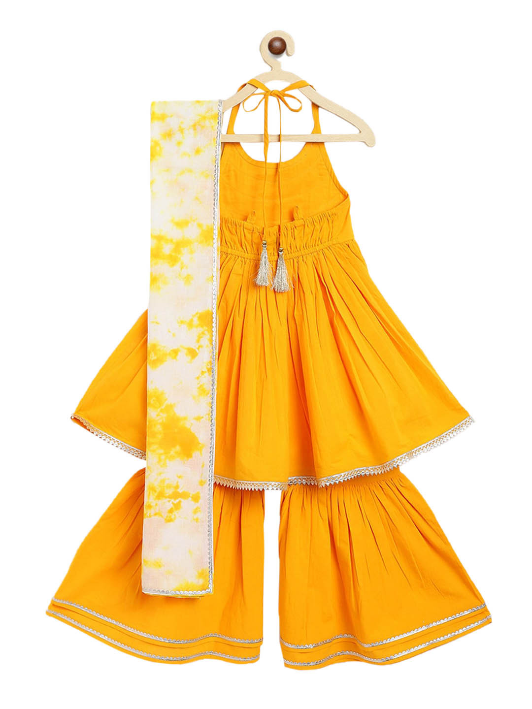 Tiber Taber Girls Yellow Pleated Gotta Patti Pure Cotton Kurti with Sharara & Dupatta