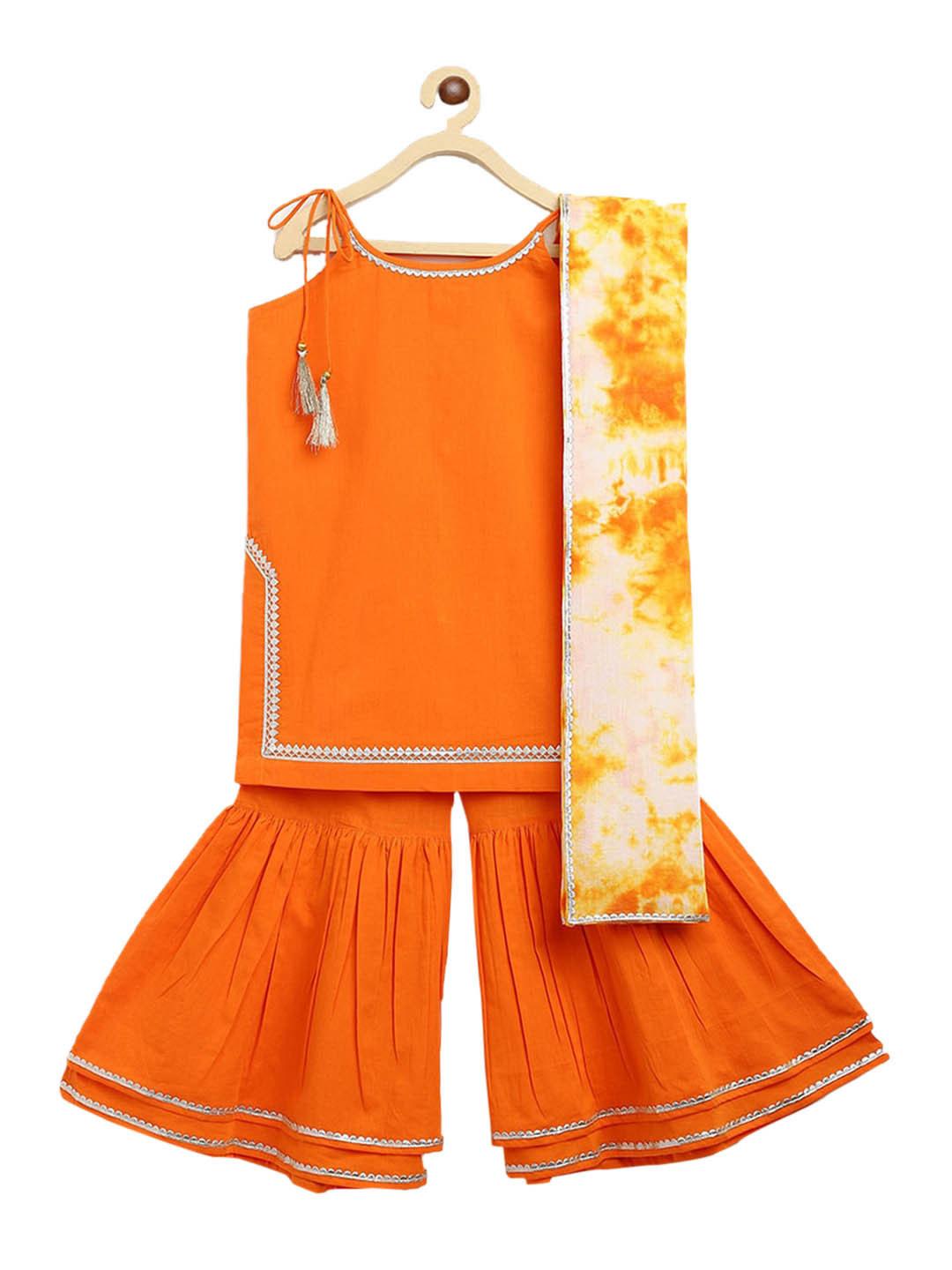 Tiber Taber Girls Orange Pure Cotton Kurti with Sharara & With Dupatta