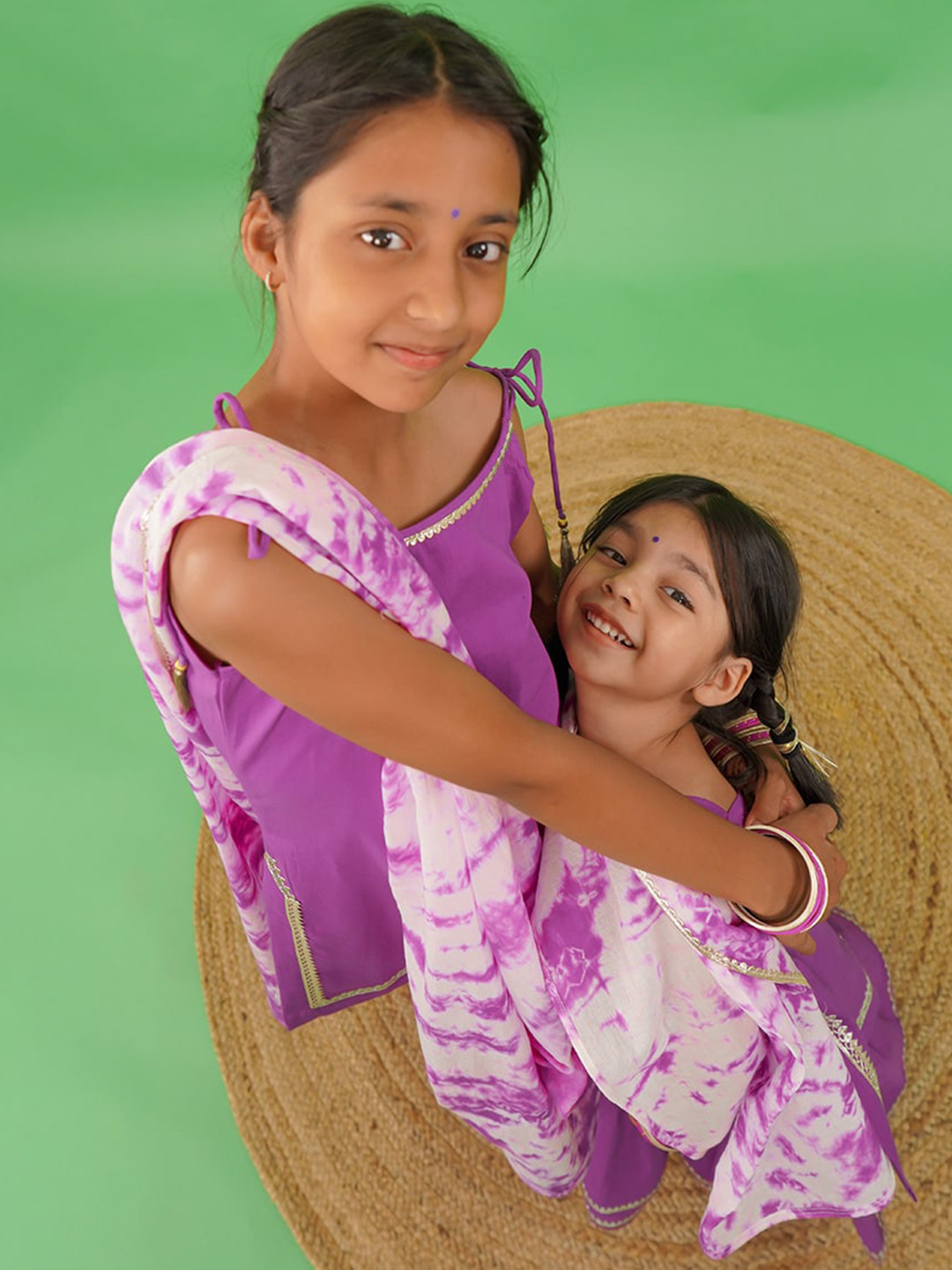 Tiber Taber Girls Purple Yoke Design Pure Cotton Kurti with Sharara & With Dupatta