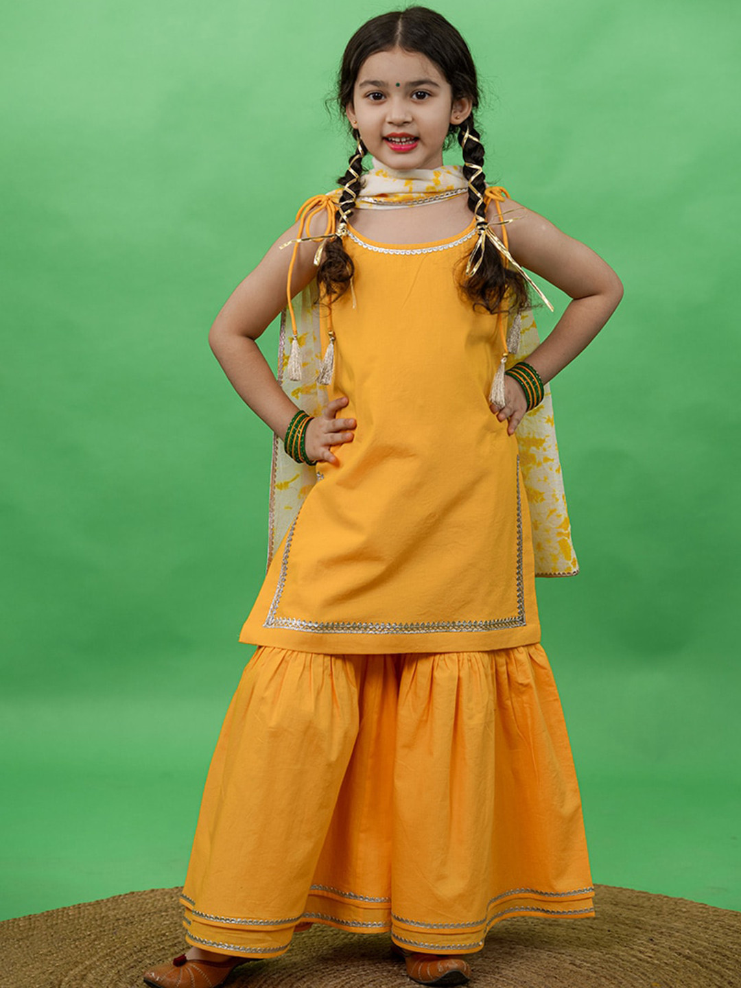 Tiber Taber Girls Yellow Pure Cotton Kurti with Sharara & With Dupatta