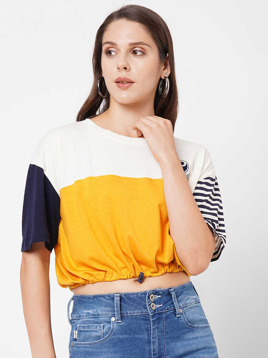 Pepe Jeans Women Yellow & White Colourblocked T-shirt