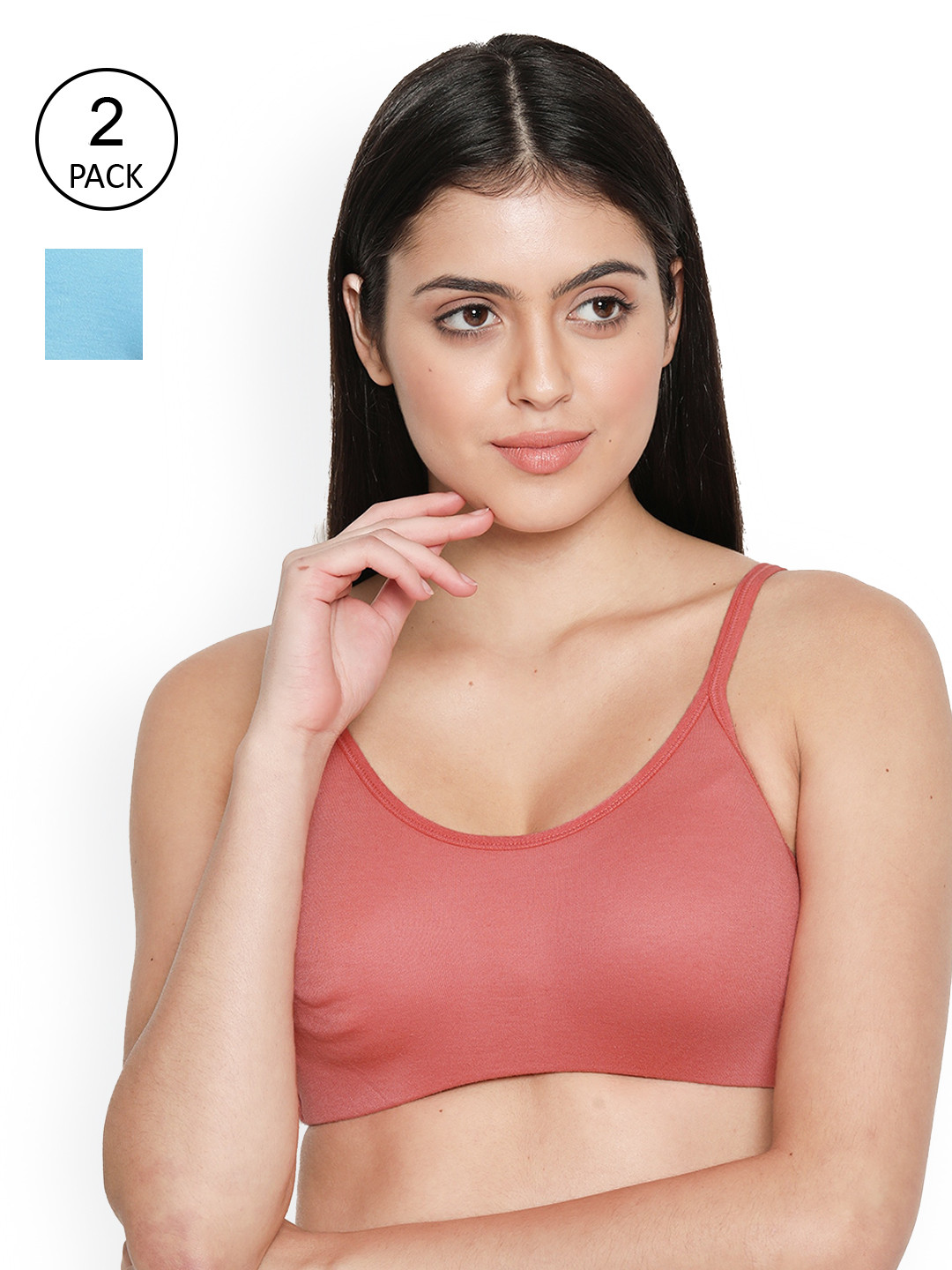 Susie Pack of 2 Blue & Peach-Coloured Solid Non Wired Full Coverage T-shirt Bra