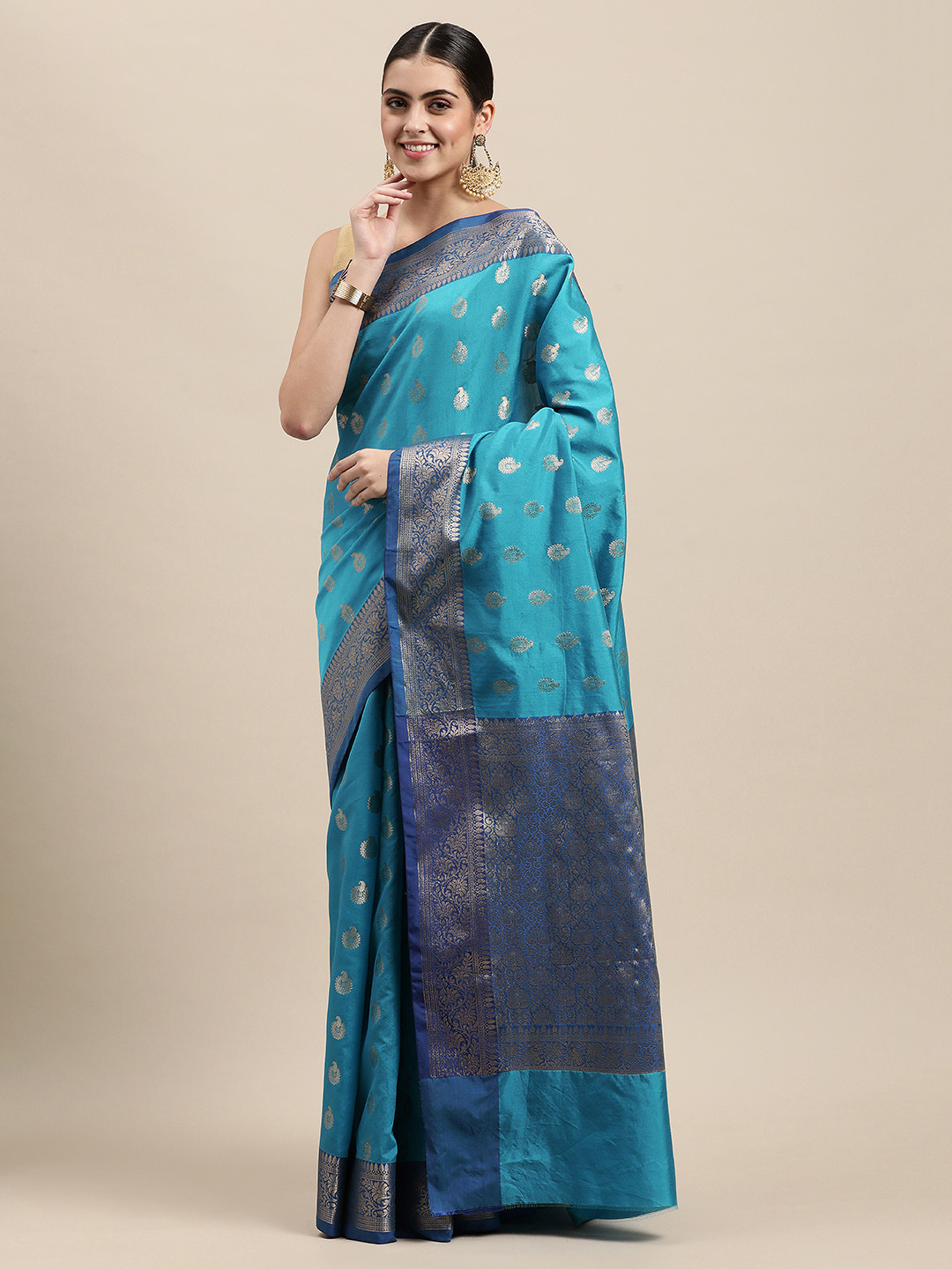 swatika Blue Zari Woven Silk Blend Banarasi Saree