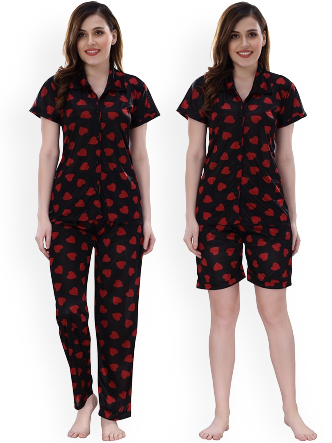 Romaisa Women Black & Red Printed op and Pyjama with Shorts