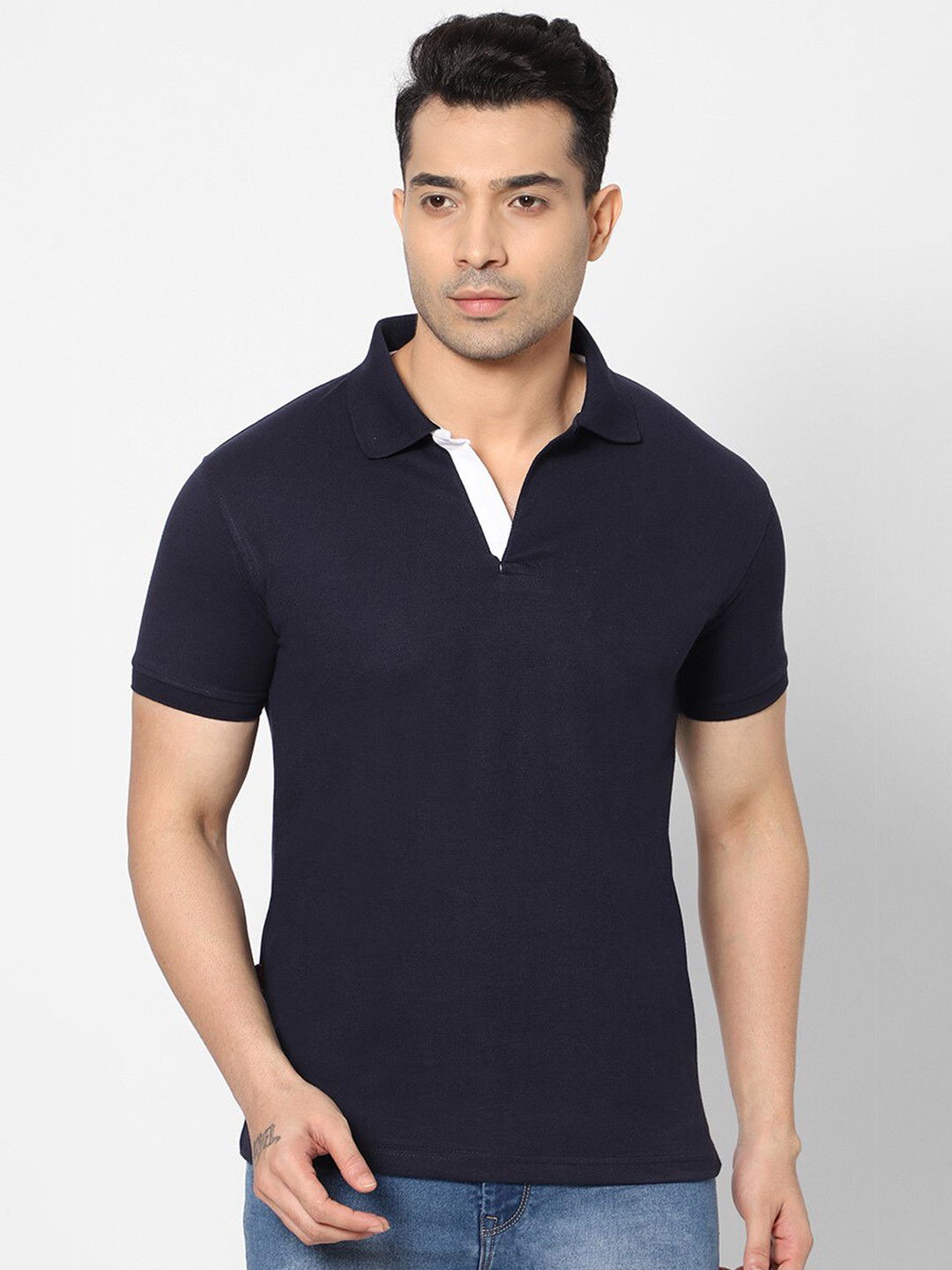 HJ HASASI Men Navy Blue Polo Collar Slim Fit T-shirt