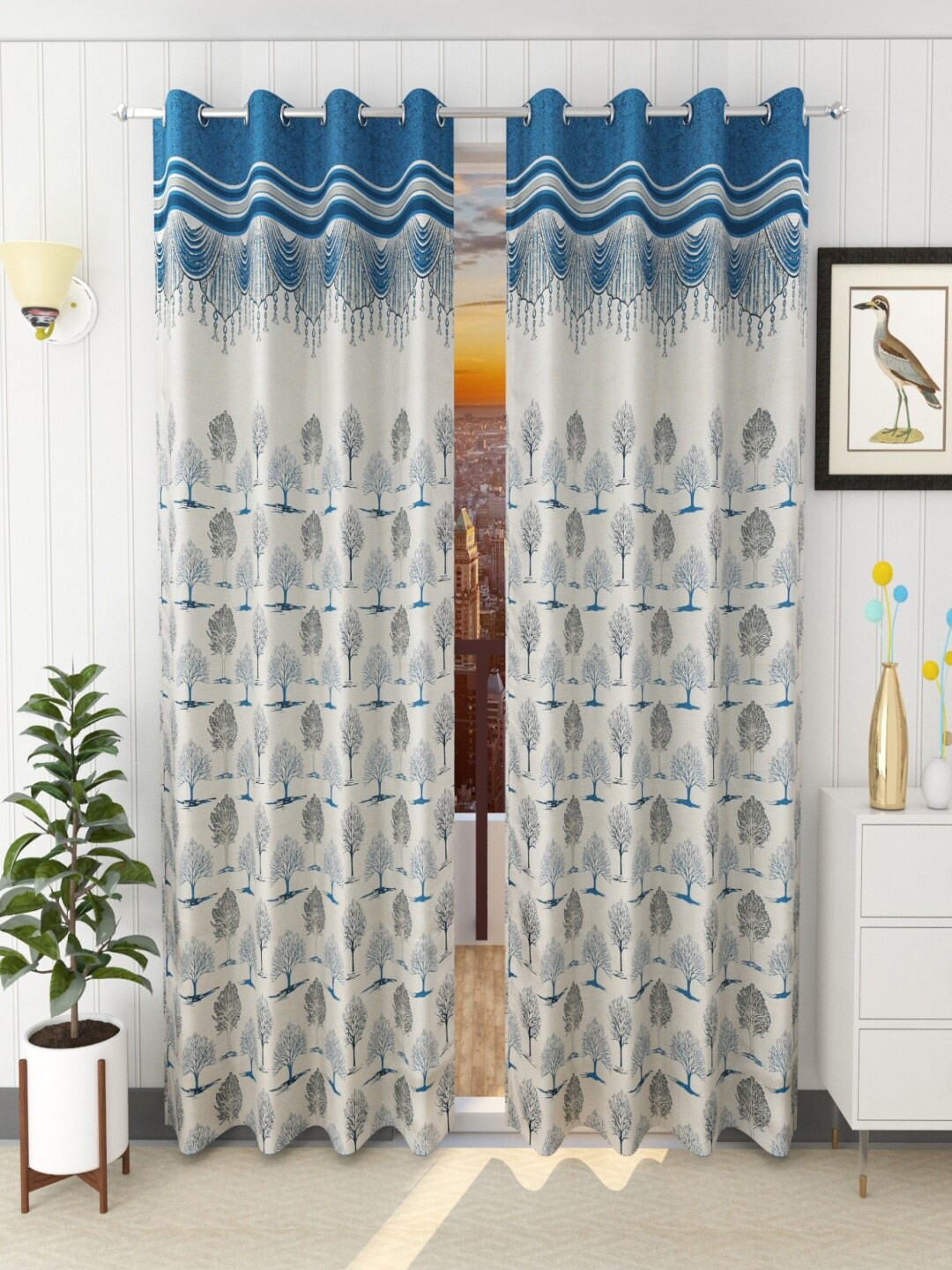 Homefab India Turquoise Blue & White Set of 2 Floral Room Darkening Door Curtain