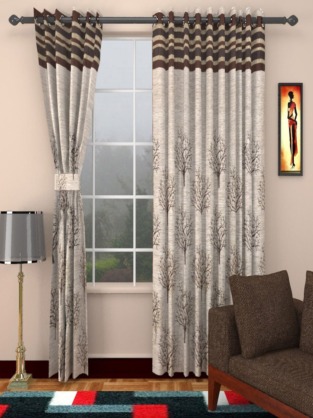 Homefab India Brown & Off White Set of 2Floral Room Darkening 7 feet Door Curtain