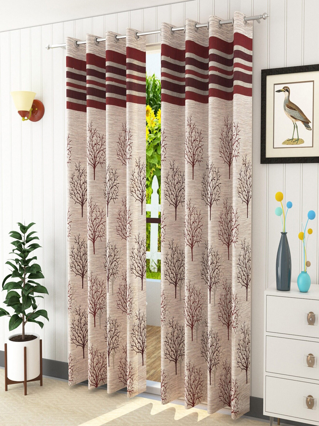 Homefab India Adults Maroon & Beige Set of 2 Jute Floral Room Darkening Window Curtain