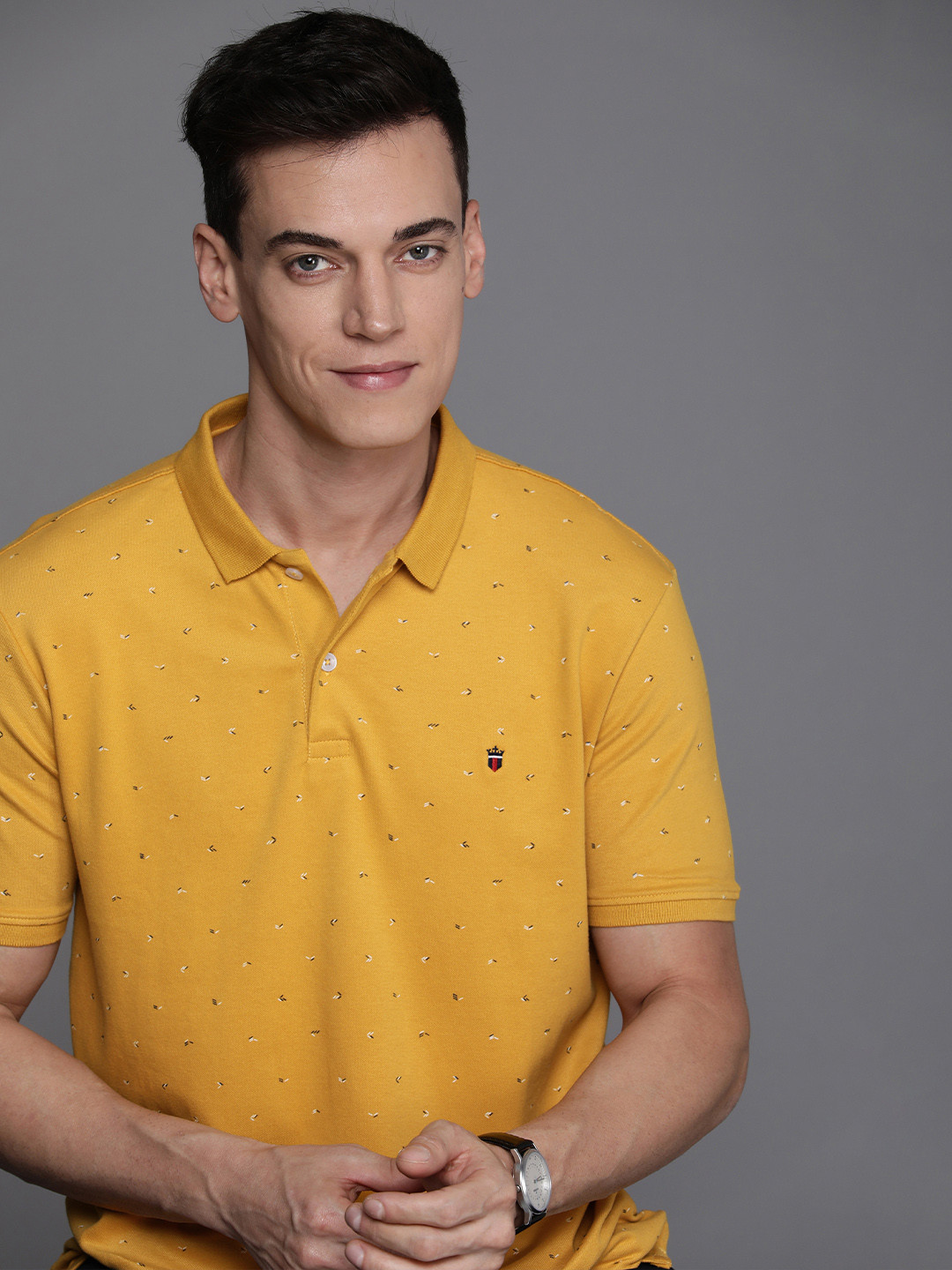 Louis Philippe Men Yellow & Black Printed Polo Collar Slim Fit T-shirt