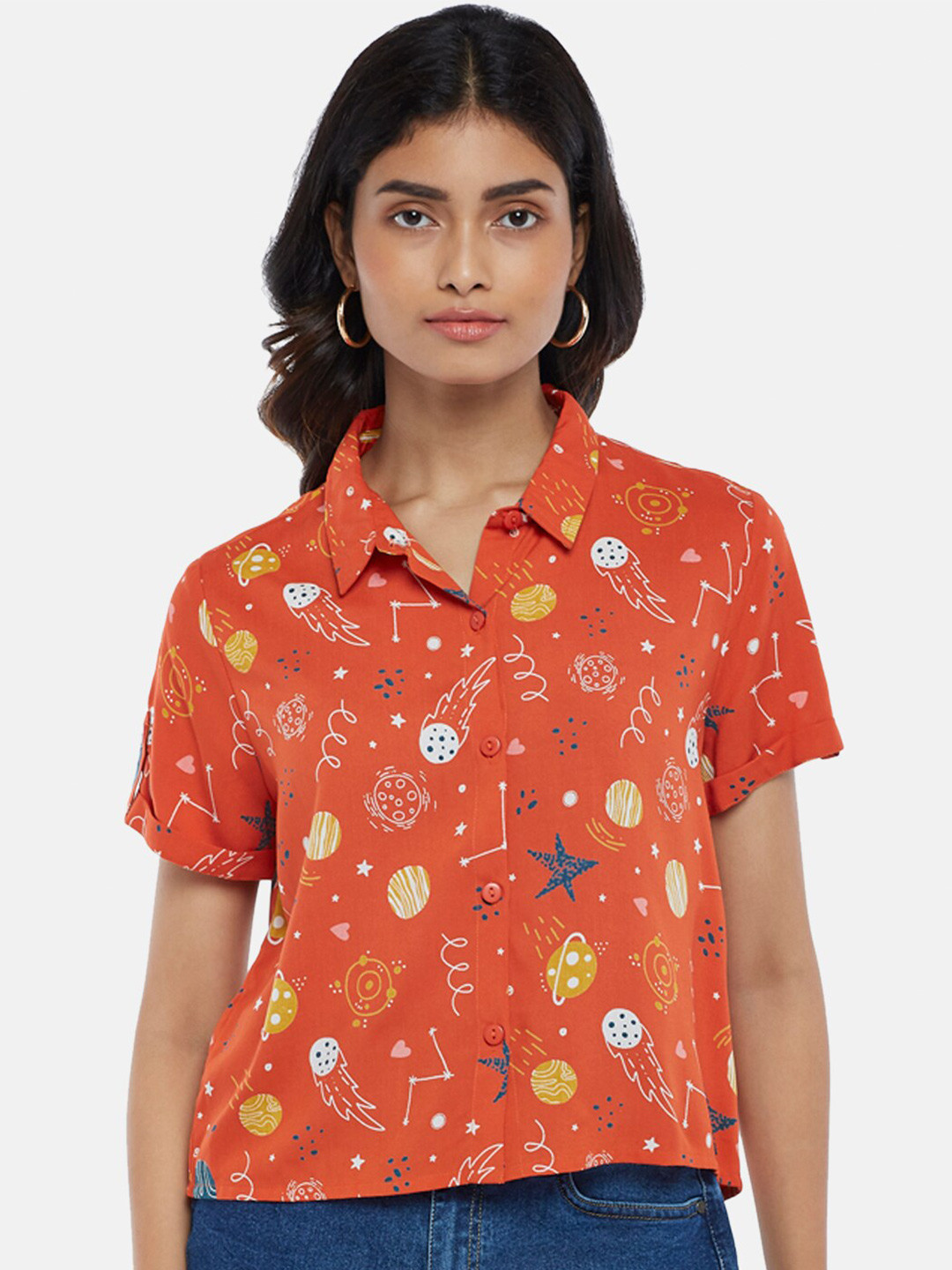 People Women Rust Orange Regular Fit Printed Casual Shirt