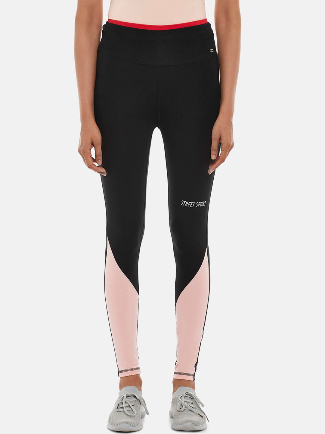 Ajile by Pantaloons Women Black & Pink Color-Blocked Ankle-Length Tights