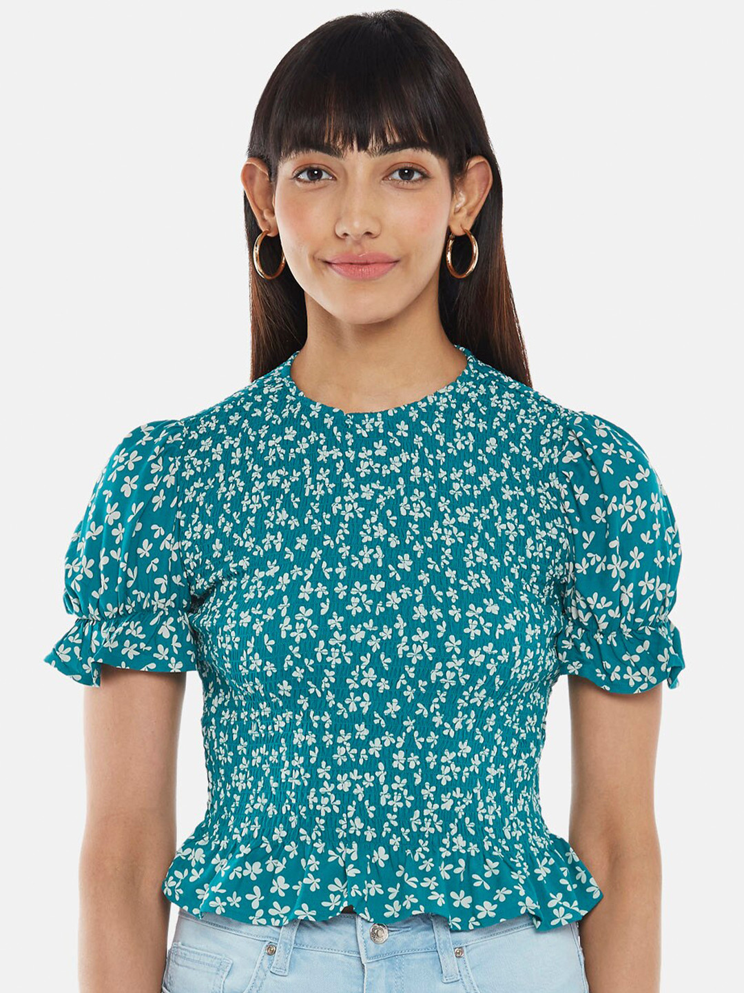 People Teal Floral Print Cinched Waist Top