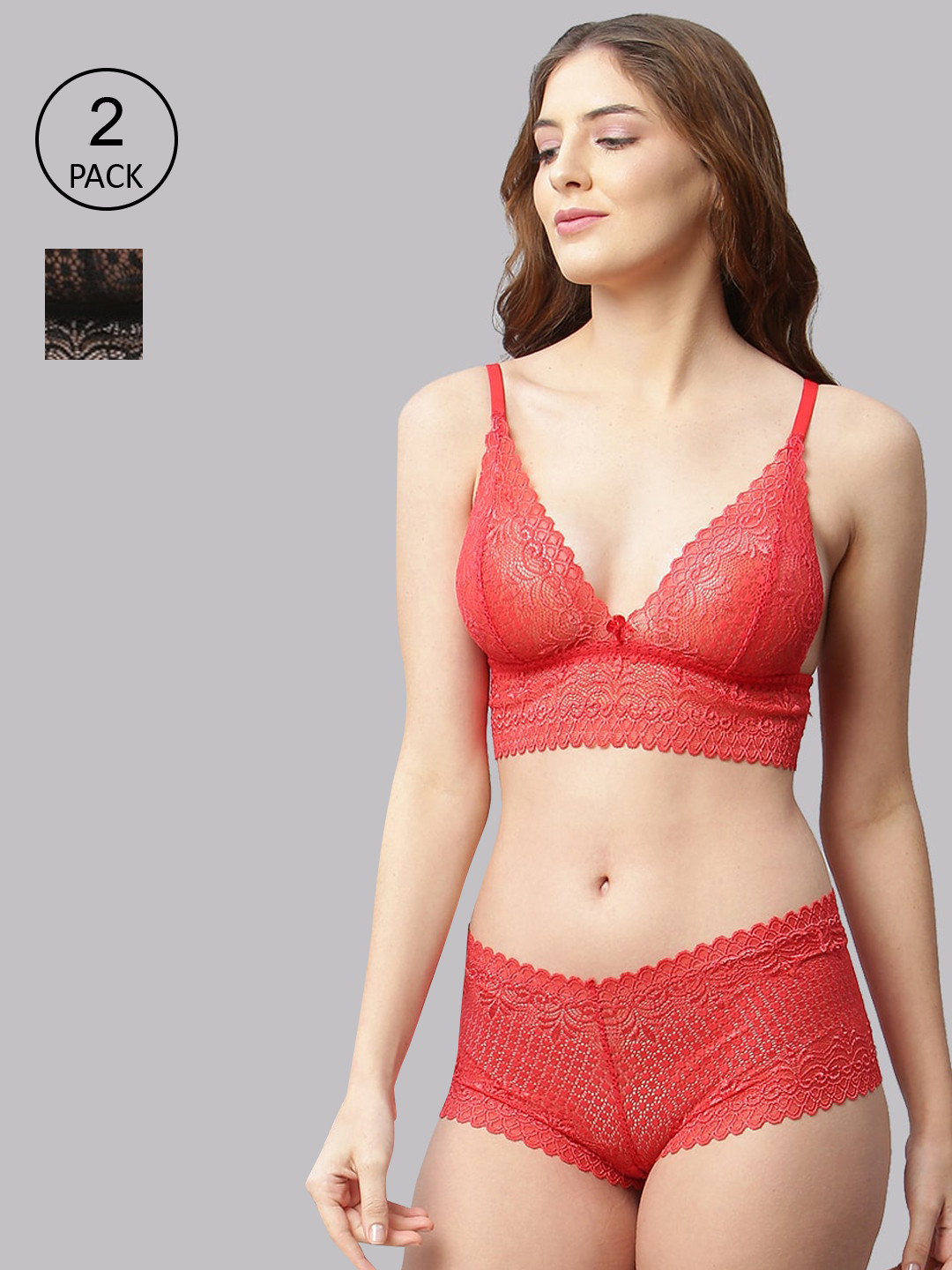 CUKOO Women Pack Of 2 Black & Red Self Design Lingerie Set BP21-062