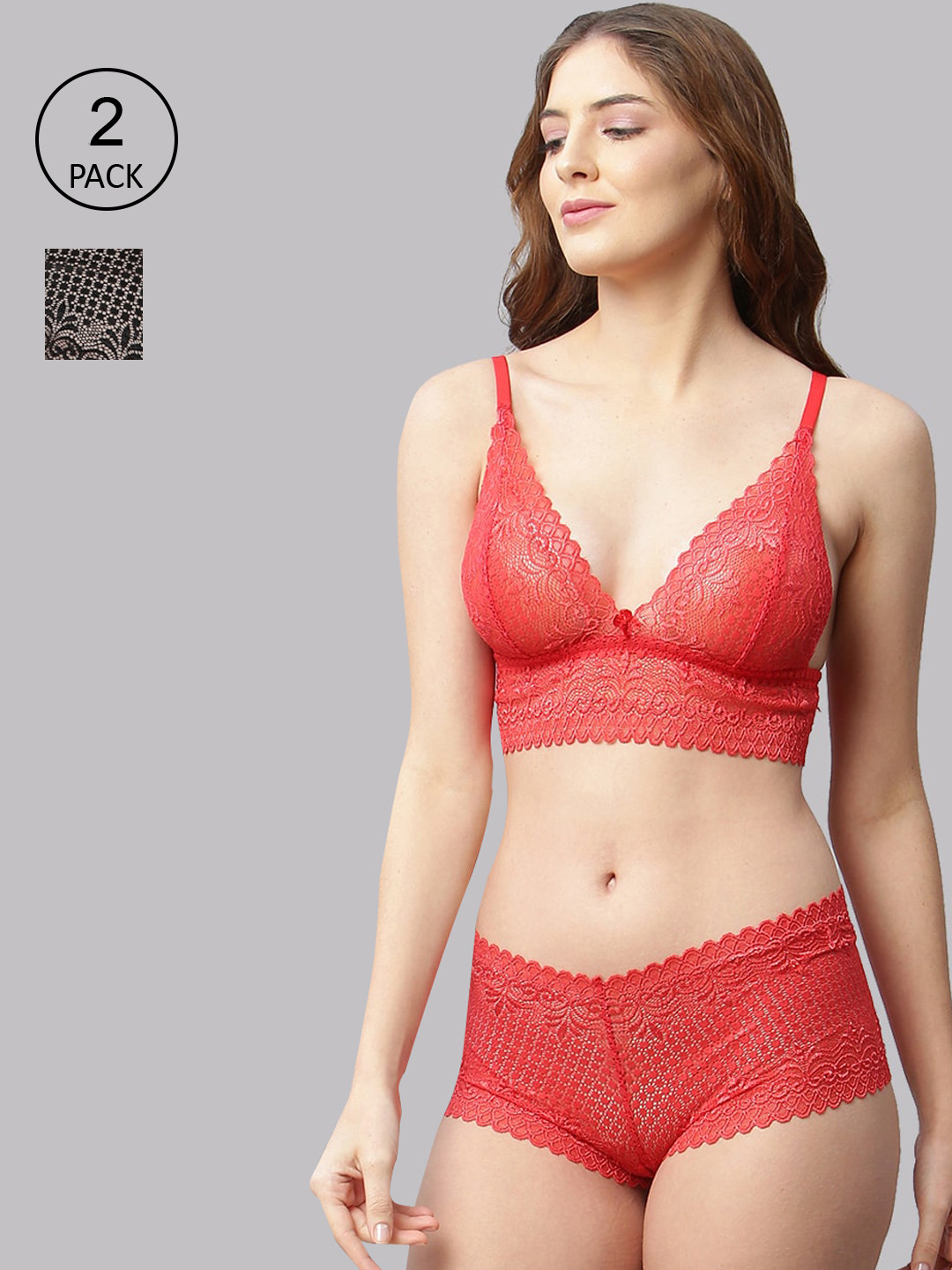 CUKOO Women Pack Of 2 Red & Black Self Design Lace Lingerie